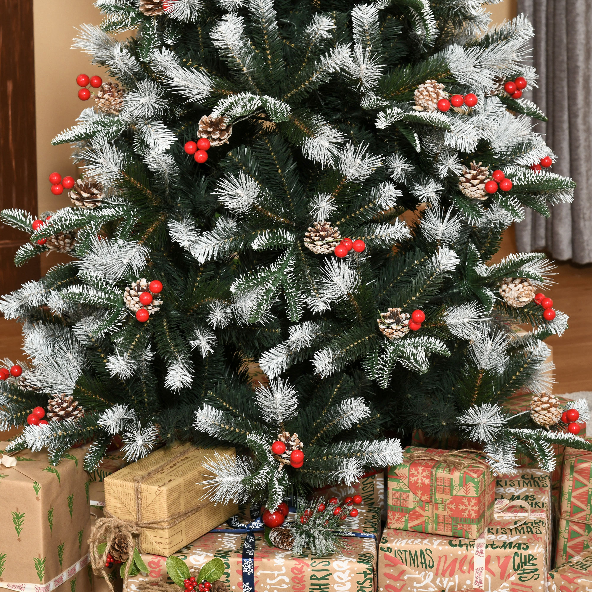 HOMCOM 6FT Artificial Snow Dipped Christmas Tree Xmas Pencil Tree Holiday Home Party Decoration with Foldable Feet Red Berries White Pinecones, Green 9