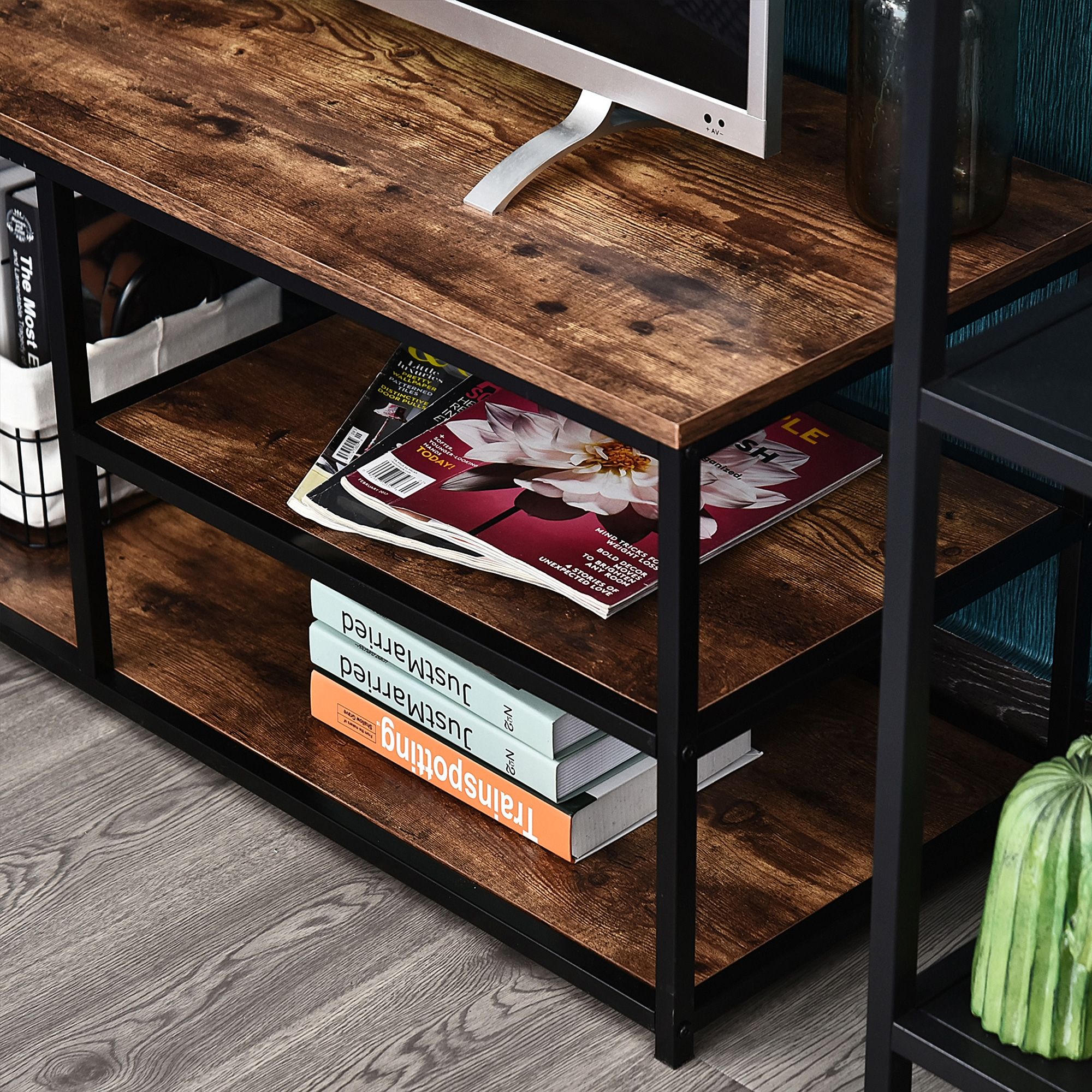 HOMCOM TV Unit for 55 inch TVs, Industrial TV Table with 2 Storage Shelves and Metal Frame, Entertainment Unit For living Room, Rustic Brown 9