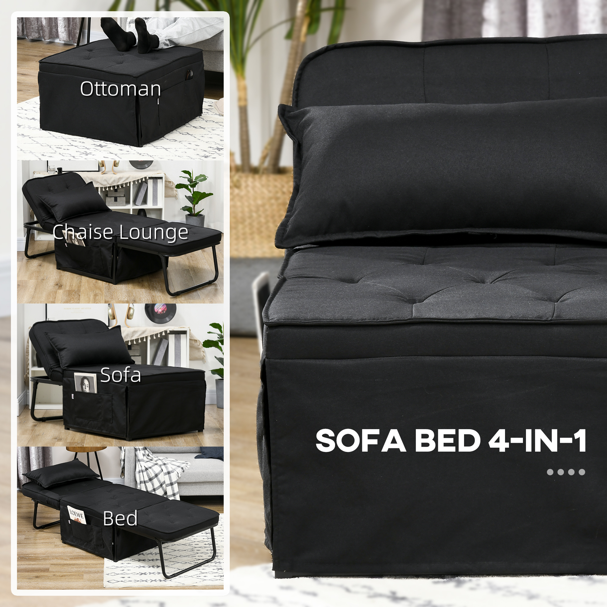 HOMCOM Fabric Sleeper Chair, Folding Chair Bed with Adjustable Backrest, Pillow, Side Pockets for Living Room, Black 4