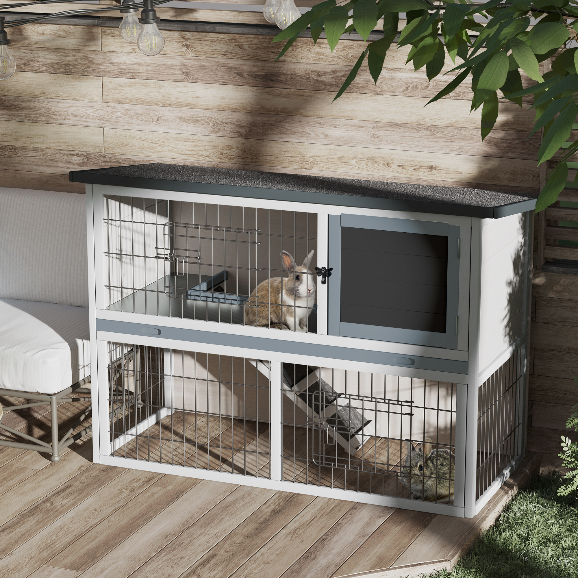 PawHut 2-Tier Wooden Rabbit Hutch Guinea Pig House Bunny Cage Backyard w/ Openable Roof Small Animal House for Outdoor Grey, 108 x 45 x 78 cm 2