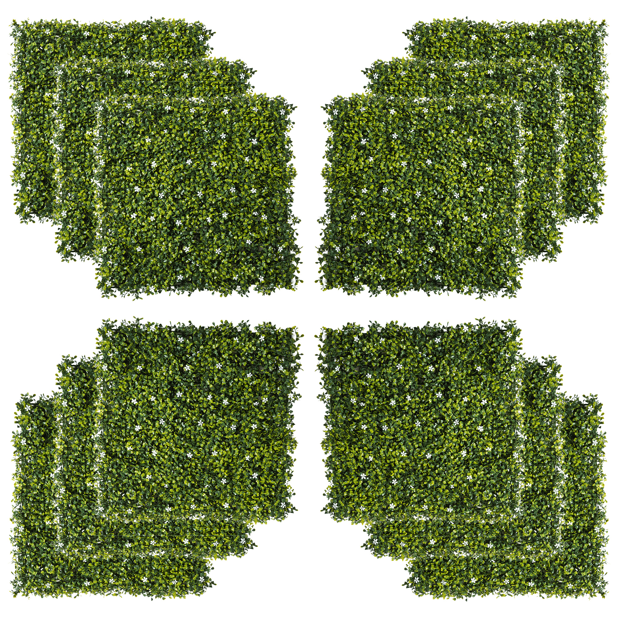Outsunny 12PCS Artificial Boxwood Wall Panels 50cm x 50cm Grass Privacy Fence Screen Faux Hedge Greenery Backdrop Encrypted Milan Grass with White Flowers for Home Garden Backyard Balcony