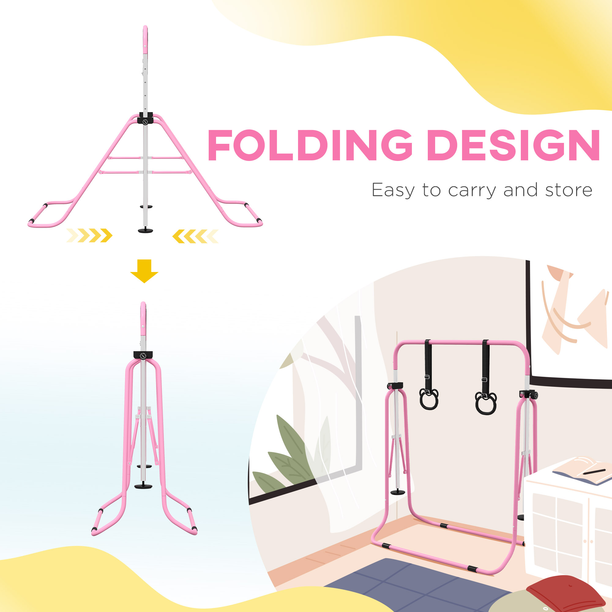 HOMCOM Adjustable Height, Foldable Kids Gymnastics Bar w/ Non-slip Rubber Floor Rings, for 3+ Years, Pink 6