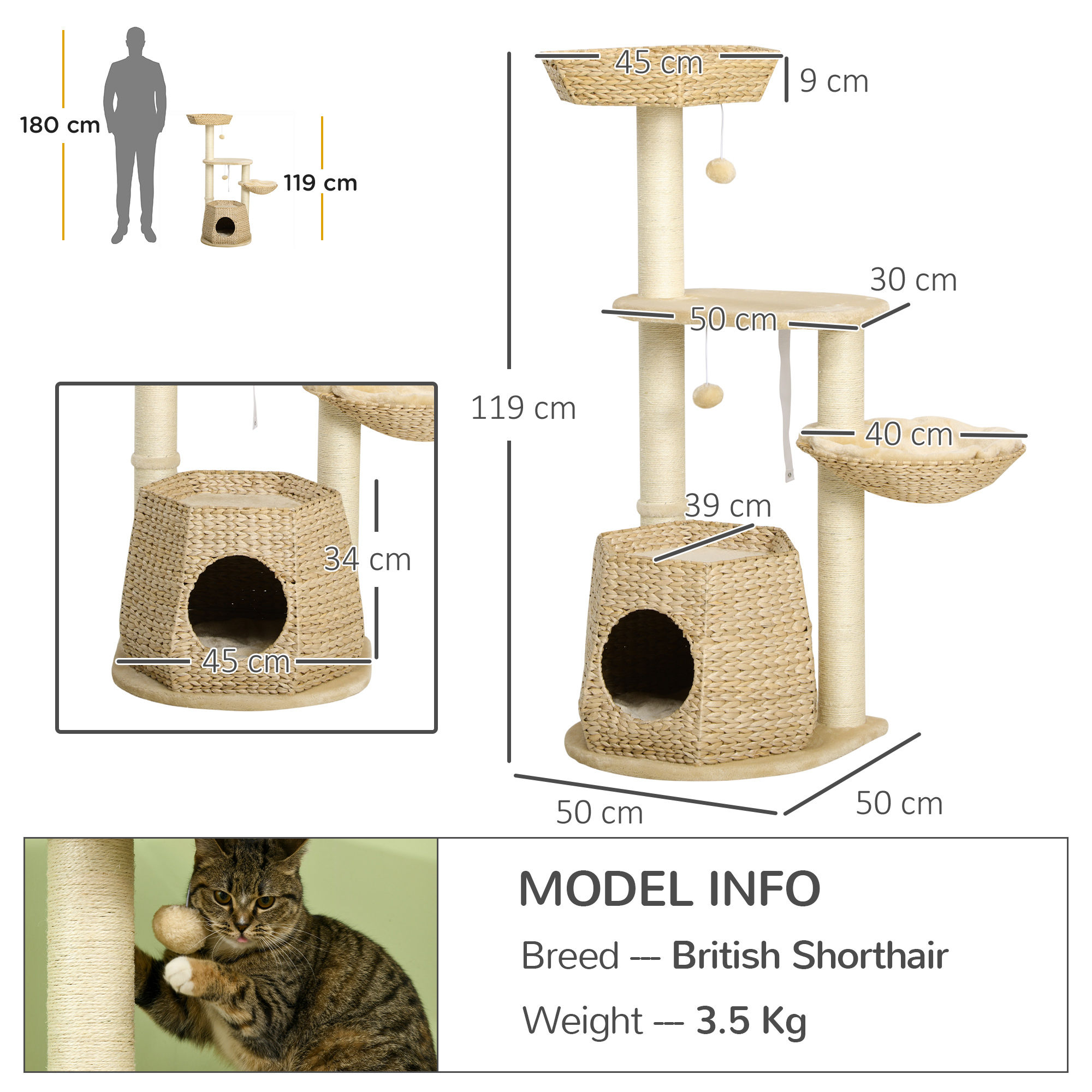 PawHut Cat Tree Activity Centre, with Cattail, Bed, Cat House, Sisal Post, Ball Natural Tone 3