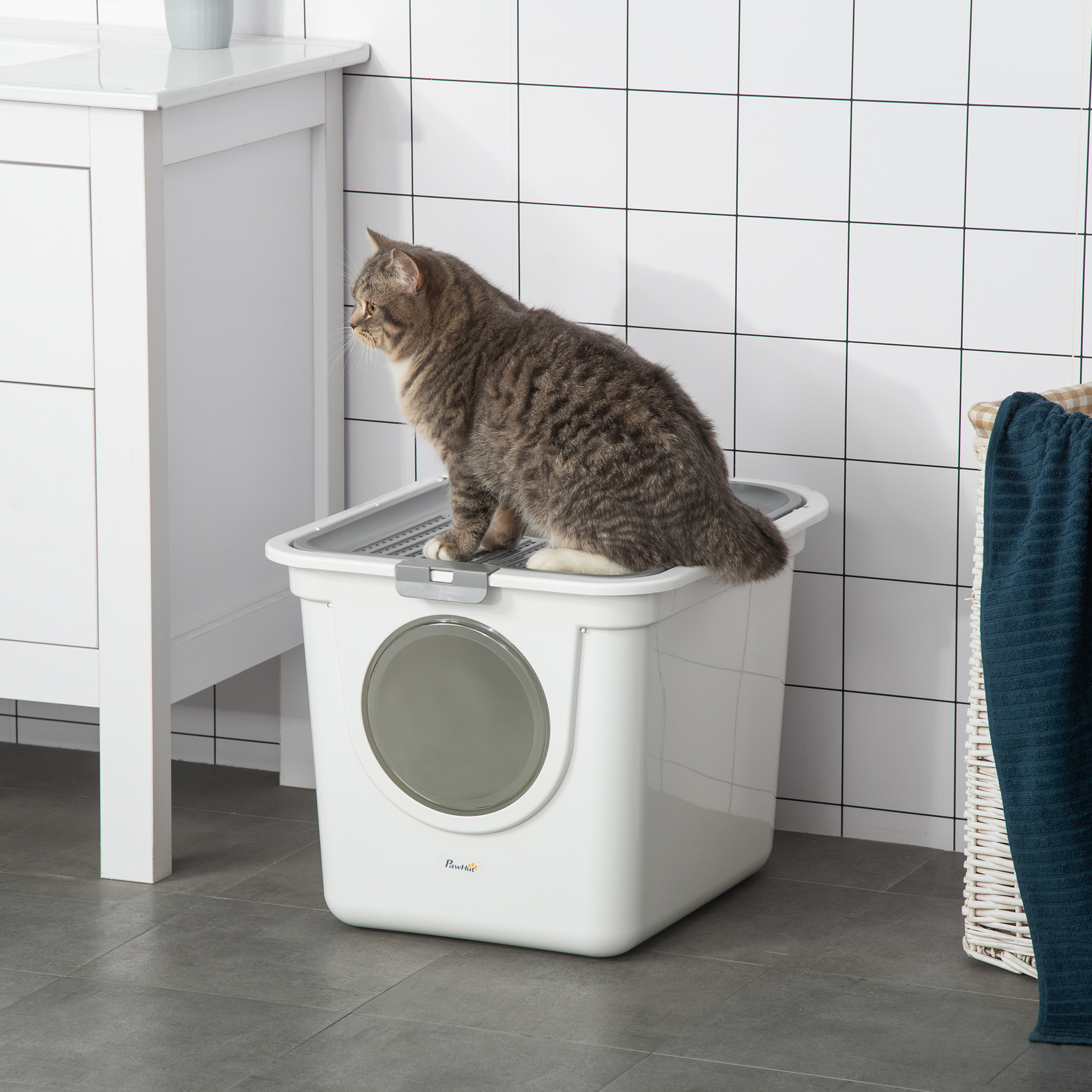 PawHut Cat Litter Box, Pet Toilet, Enclosed Kitten Pan with Front Entrance Top Exit, High Side, Scoop, White 2
