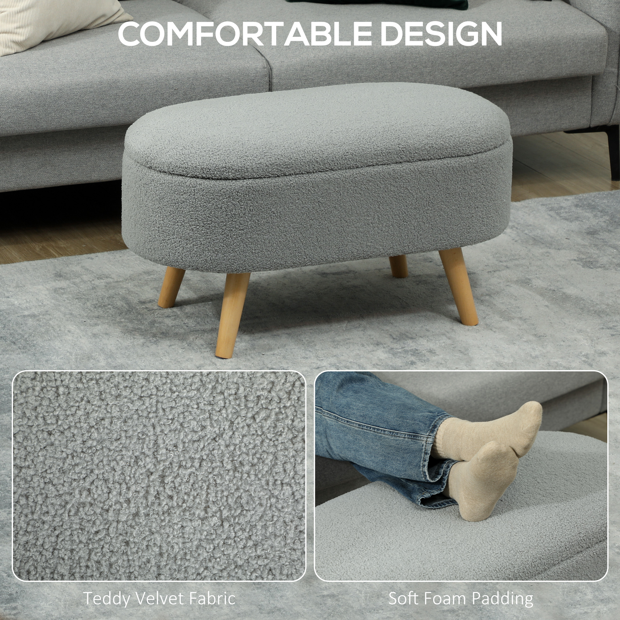 HOMCOM Teddy Fleece Storage Ottoman Grey 5