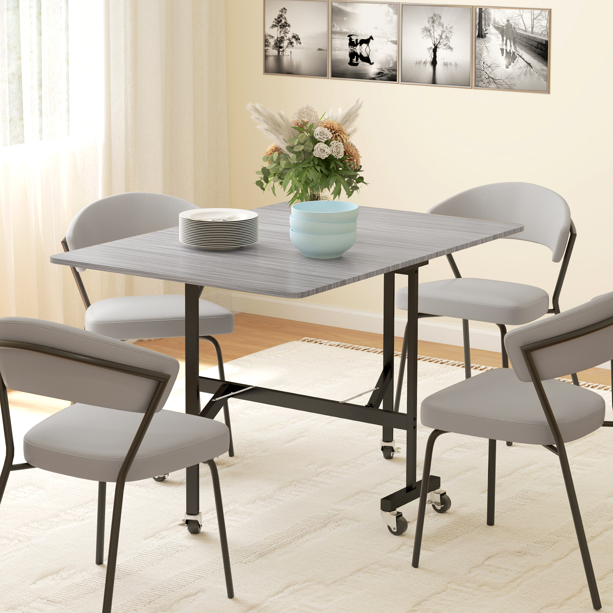 HOMCOM Six-Seater Drop-Leaf Dining Table, with Wheels Grey Wood-Effect 2