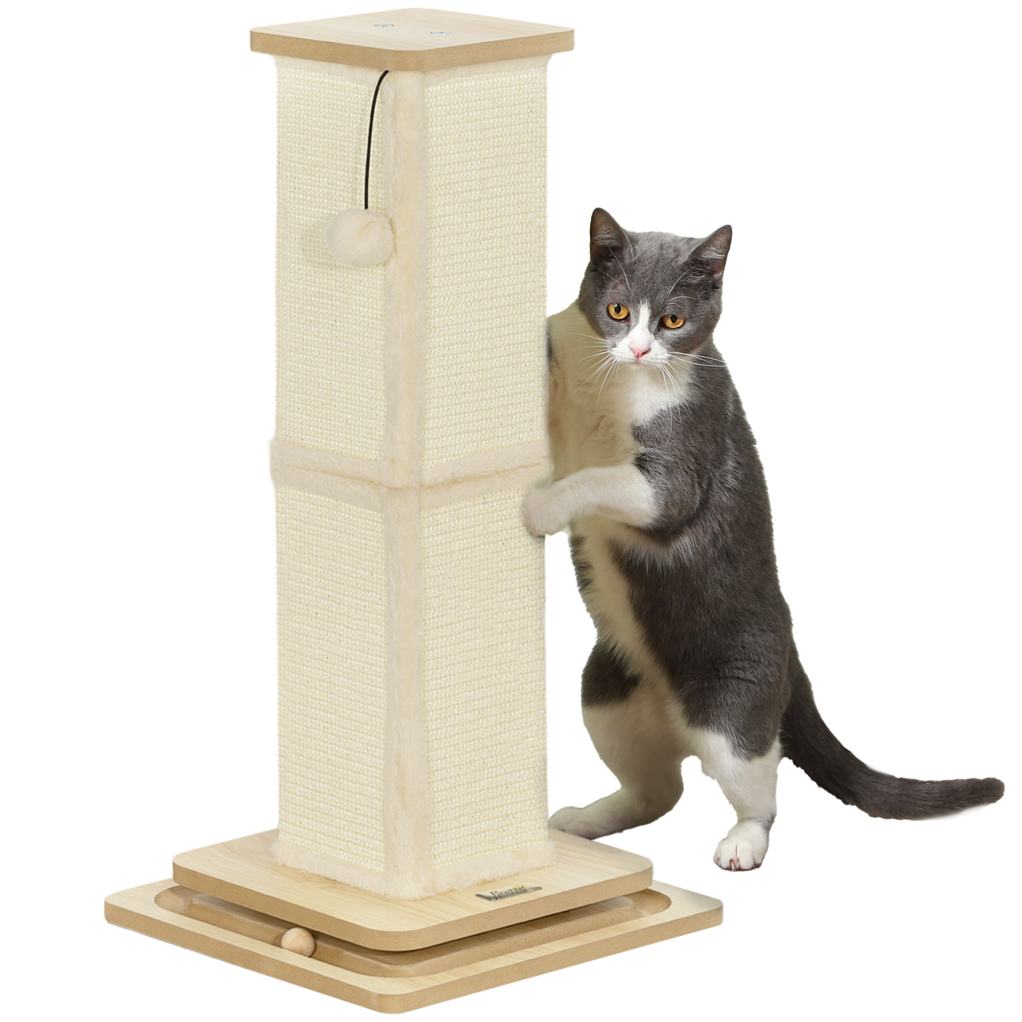 PawHut 49cm 5 in 1 Cat Scratching Post with Sisal Post, Track Ball, Self Grooming Brush, Hanging Toy Ball, Feather, Oak Tone