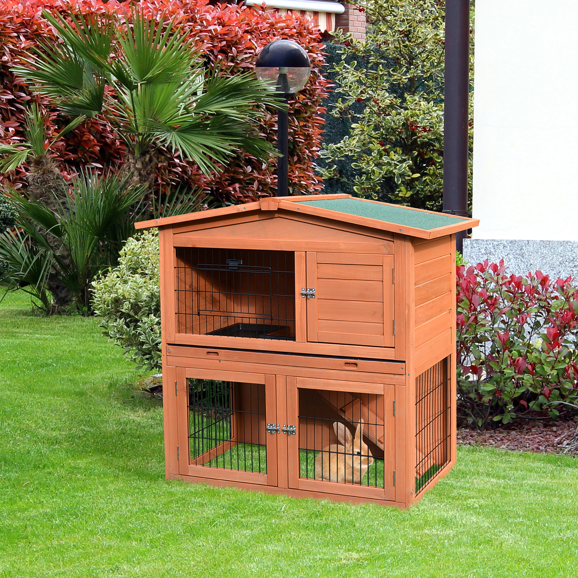 PawHut Rabbit Hutch Outdoor Guinea Pig Hutch 2-Tier Bunny Cage with No-Leak Tray 100.5 x 55 x 101 cm 2