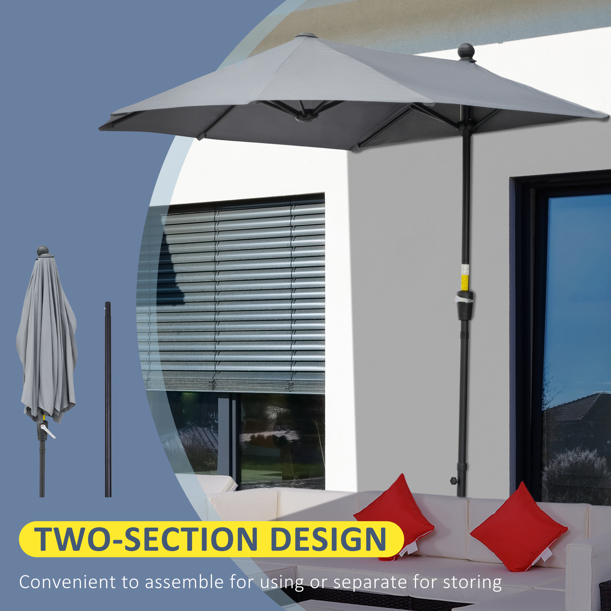 Outsunny 2m Half Parasol Market Umbrella Garden Balcony Parasol with Crank Handle, Base, Double-Sided Canopy, Dark Grey 6