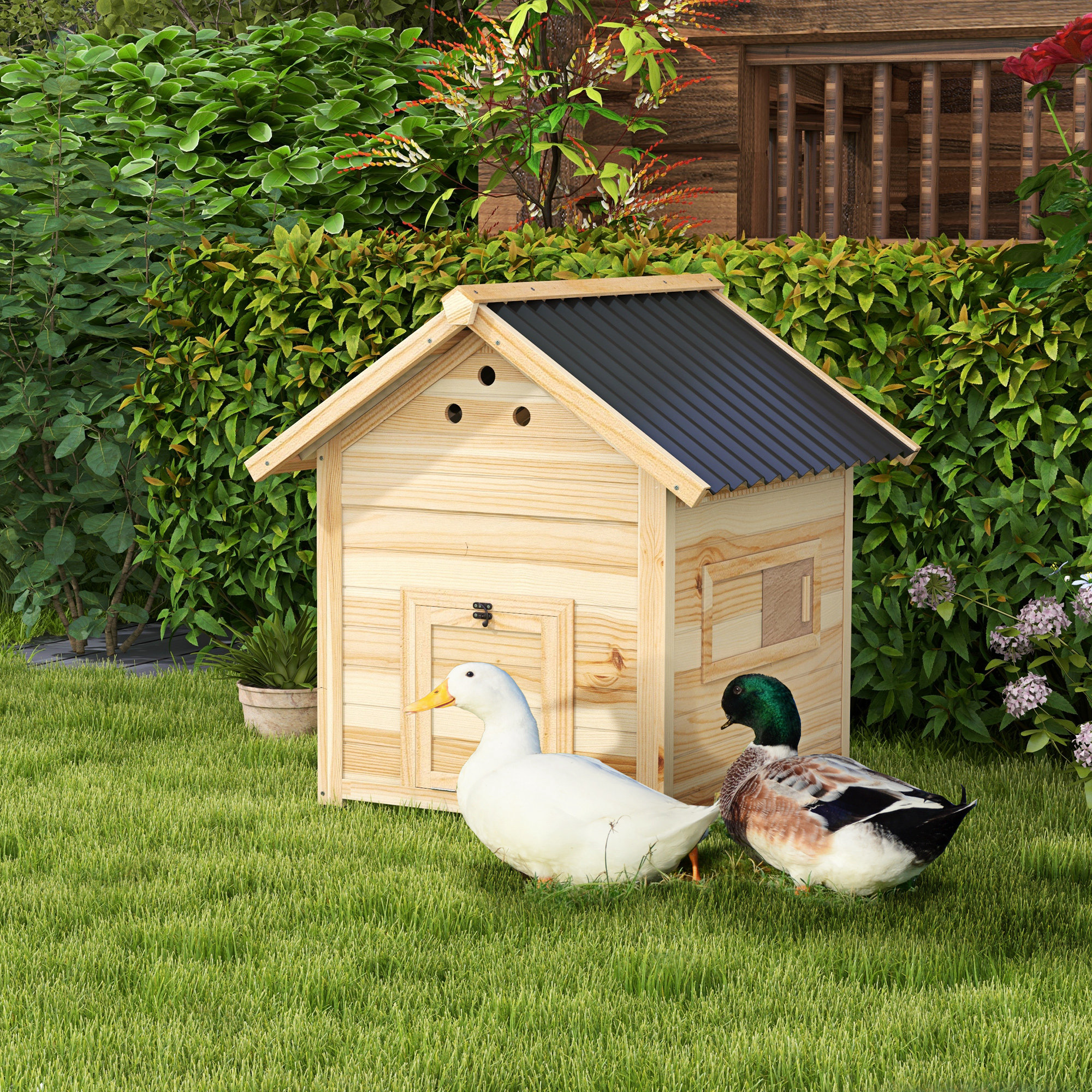 PawHut Wooden Duck House with Double Doors, Openable Roof, Ventilation Holes, Removable Base, Natural Wood Finish 2