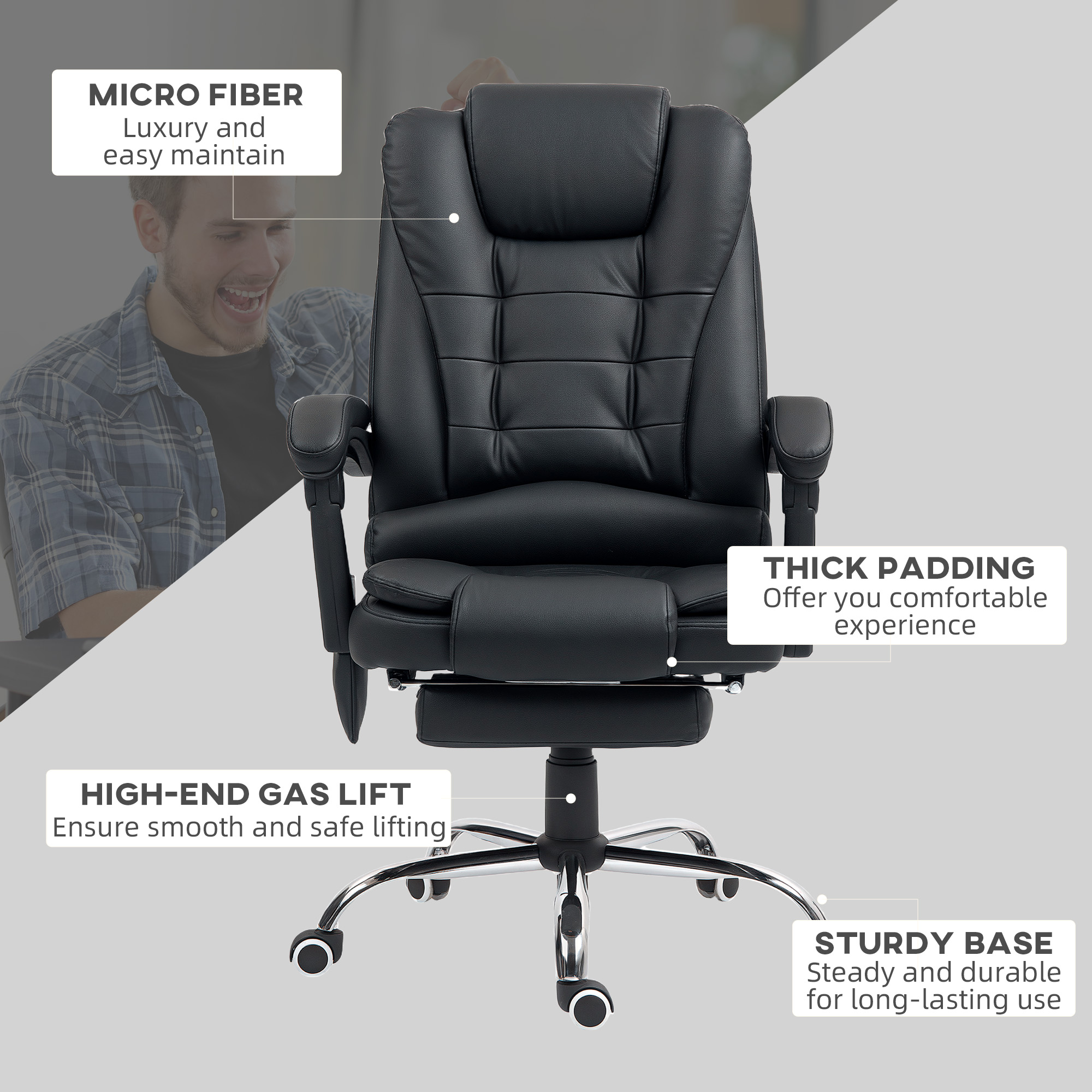 Vinsetto Office Chair with 6 Point Massage and Back Heat, PU Desk Chair with Footrest Adjustable Height and Swivel Wheels, Back Reclining, Black 8