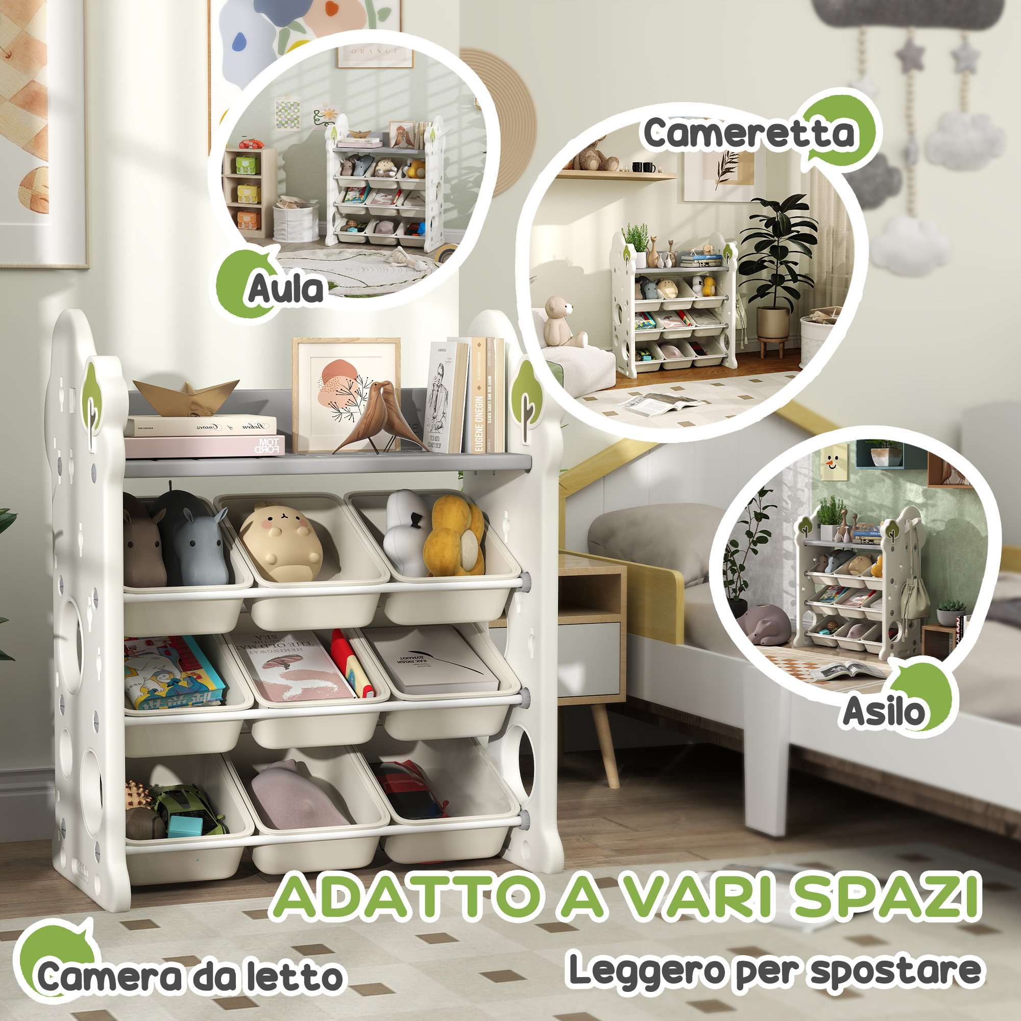 Scaffale Portagiochi AIYAPLAY A 4 Livelli Con 9 Contenitori | In HDPE Crema Per Camera Bambini 77x42x94cm - Foto 2