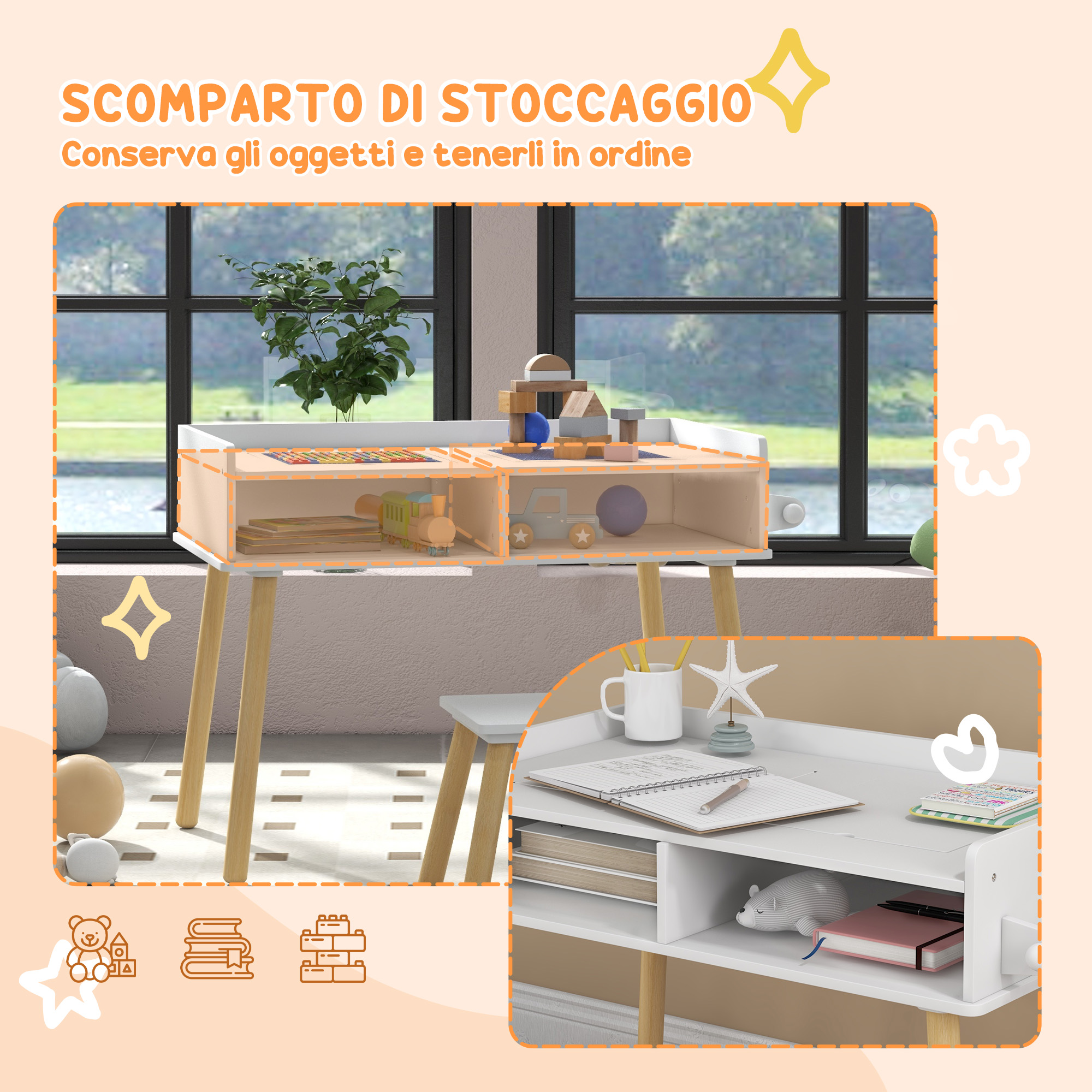 Tavolo Bambini 5 In 1 In Legno Con 2 Sedie, Piano Reversibile Lavagna/bianco, 4 Ganci E 2 Cassetti In Tessuto, Per 3+ Anni