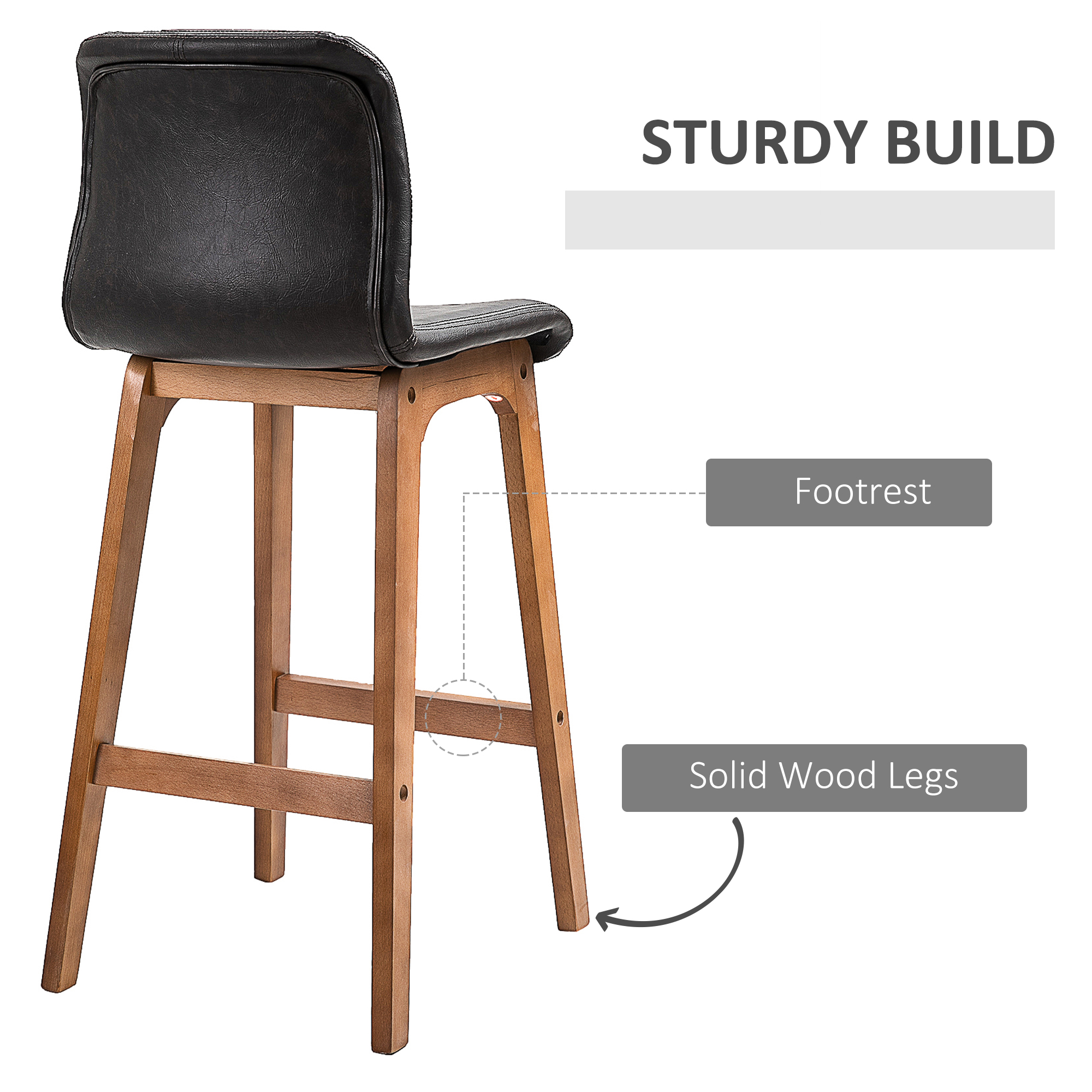 HOMCOM Modern Bar Stools Set of 2, PU Leather Upholstered Bar Chairs with Wooden Frame, Footrest for Home Bar, Dining Room 5