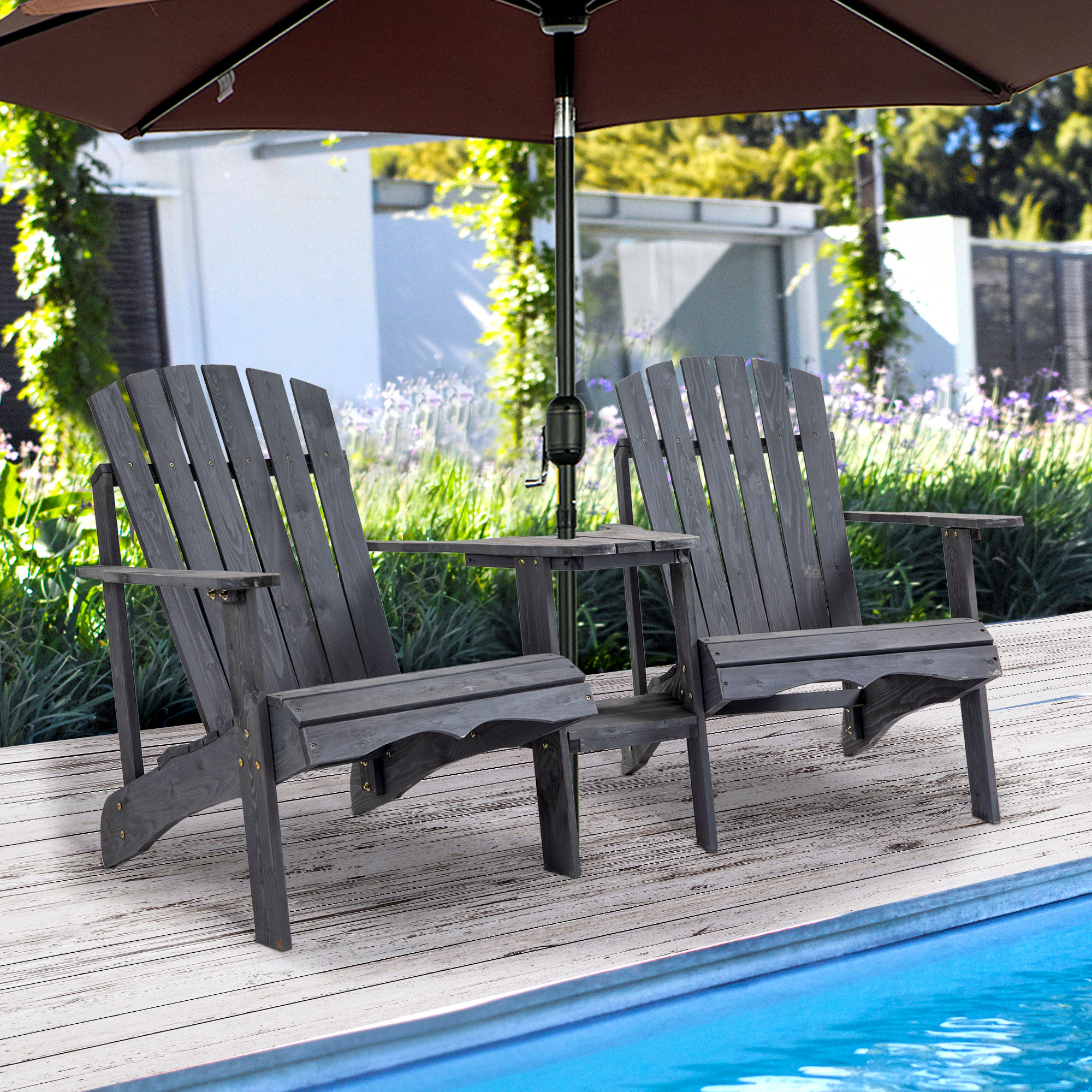 Outsunny Wooden Outdoor Double Adirondack Chairs Loveseat w/ Centre Table and Umbrella Hole, Garden Patio Furniture for Lounging and Relaxing, Dark Grey 2