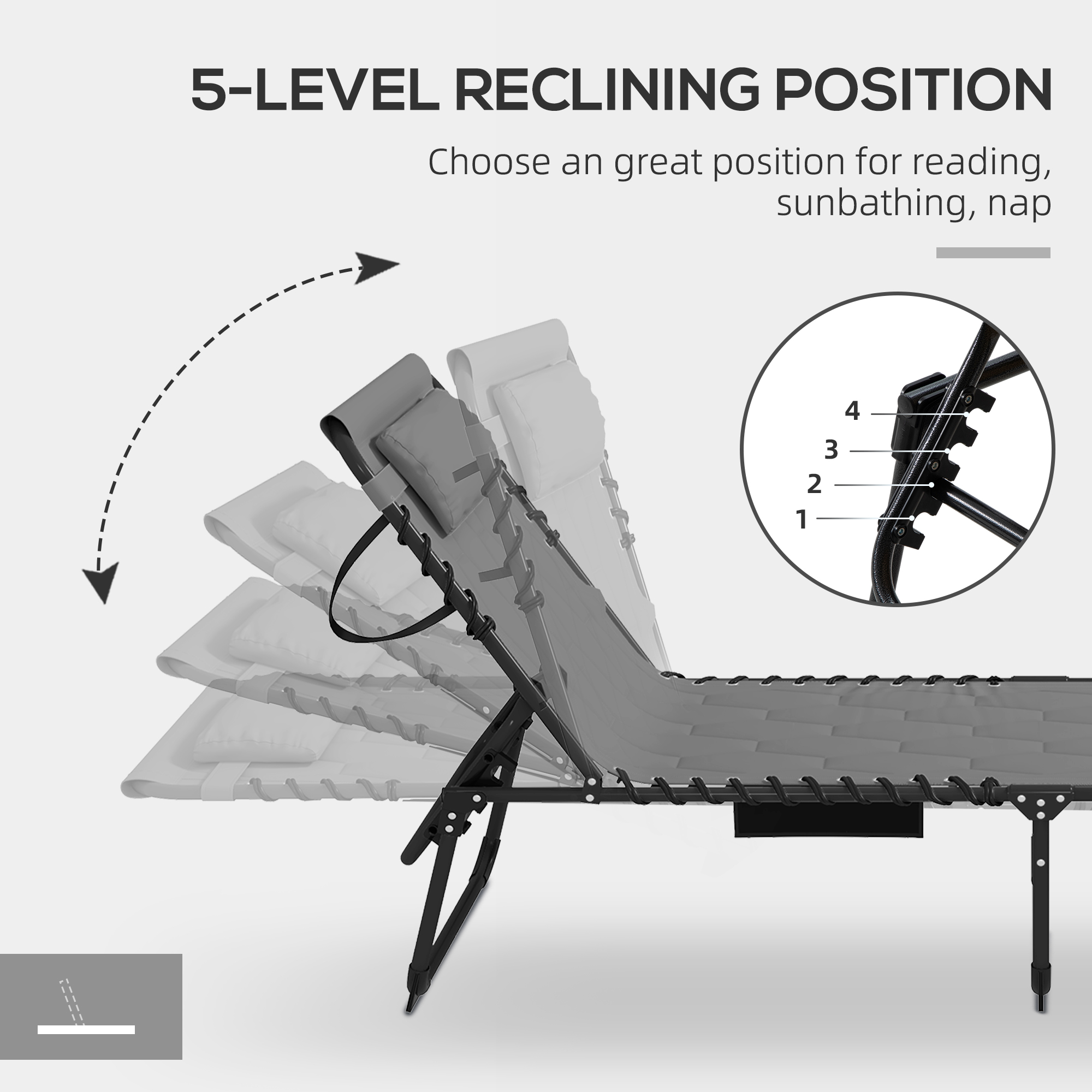 Outsunny Foldable Sun Lounger with 5-level Reclining Back, Outdoor Tanning Chair Sun Lounger with Build-in Padded Seat, Side Pocket, Headrest for Beach, Yard, Patio, Grey 6