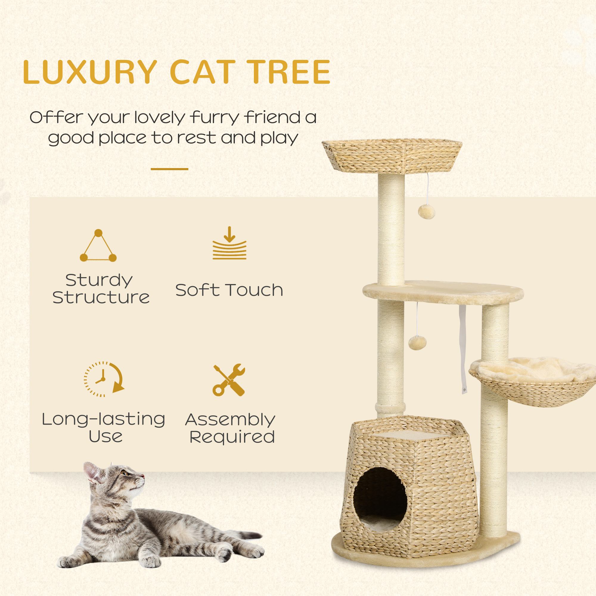 PawHut Cat Tree Activity Centre, with Cattail, Bed, Cat House, Sisal Post, Ball Natural Tone 4