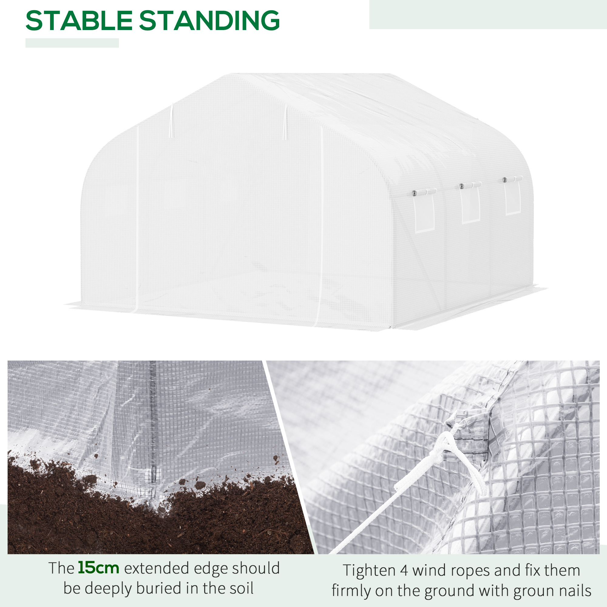 Outsunny Walk-In Polytunnel Greenhouse Warm House Garden Tunnel Shelter Plant Shed with Door and Windows, Galvanised Steel Frame, 4.5 x 3 x 2m, White 5