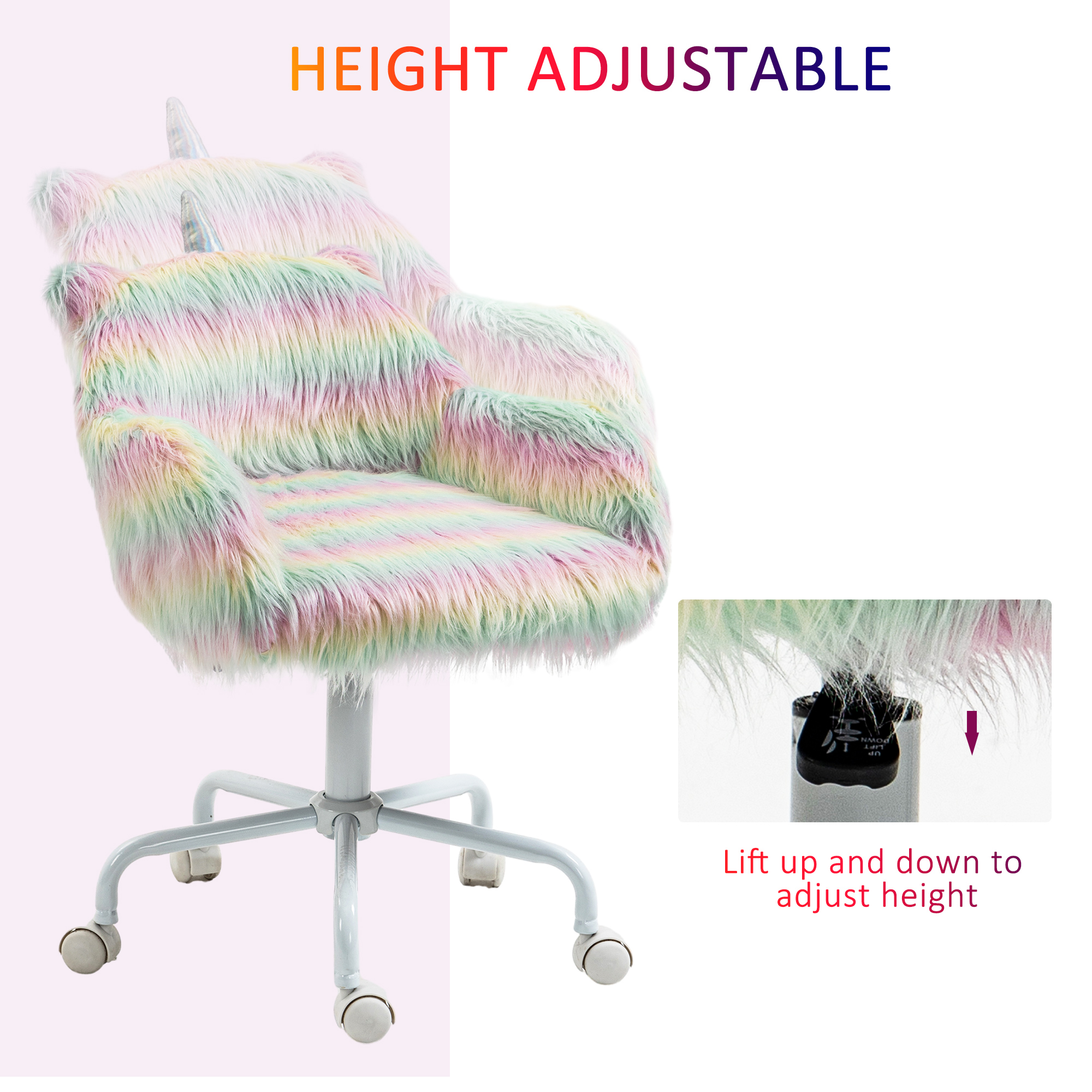Vinsetto Unicorn Home Office Chair, Height Adjustable Fluffy Desk Chair with Armrests and Swivel Wheels, Colourful 4