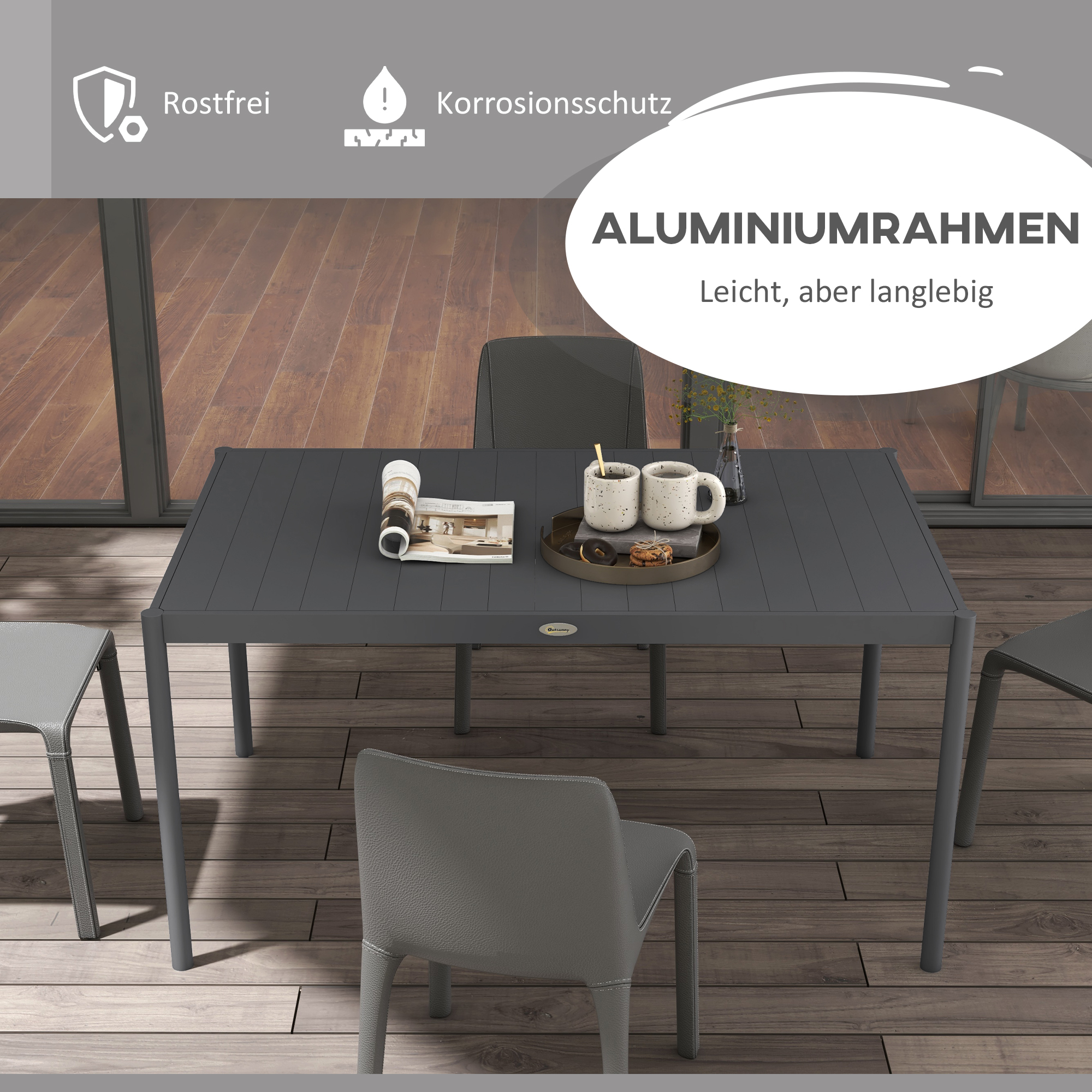 Aialaud, õuelaud, ilmastikukindel, alumiinium, 145 x 90 x 74 cm, tumehall