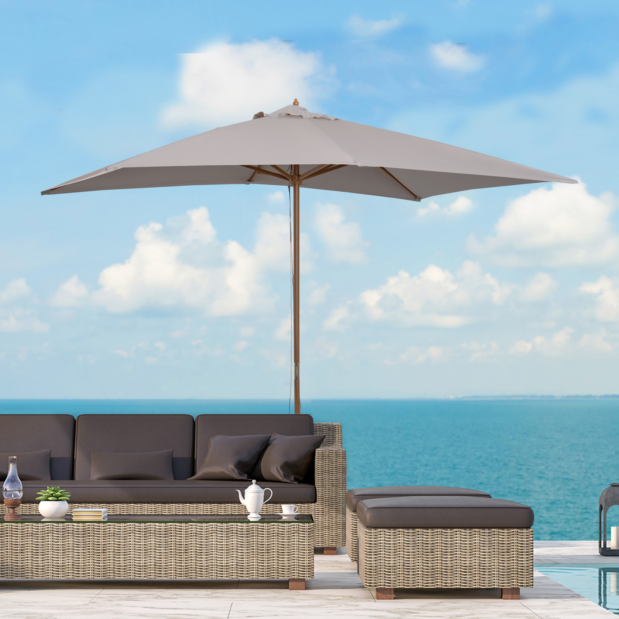Outsunny 2 x 3m Wooden Garden Parasol Umbrella Outdoor Sun Shade Canopy, Table Market Umbrella with Vent, 38 mm Pole, Rope Pulley Mechanism, Light Grey 2