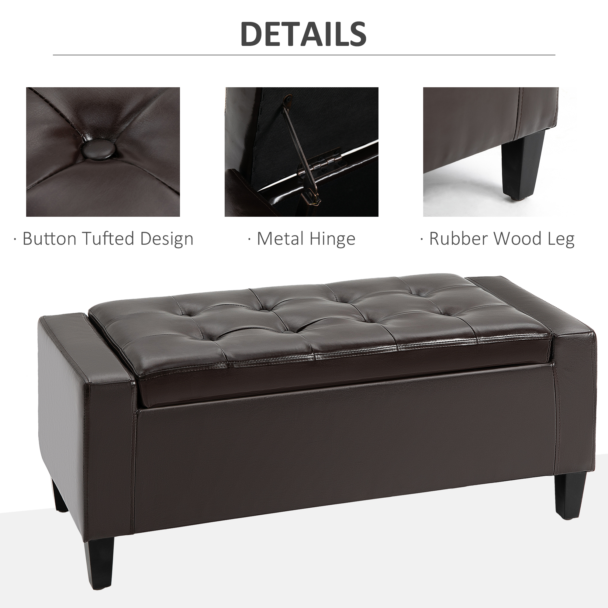 HOMCOM PU Leather Storage Ottoman Bench Storage Chest Tufted Ottoman Cube w/ Flipping Top 92L x 40W x 40H cm Brown 5