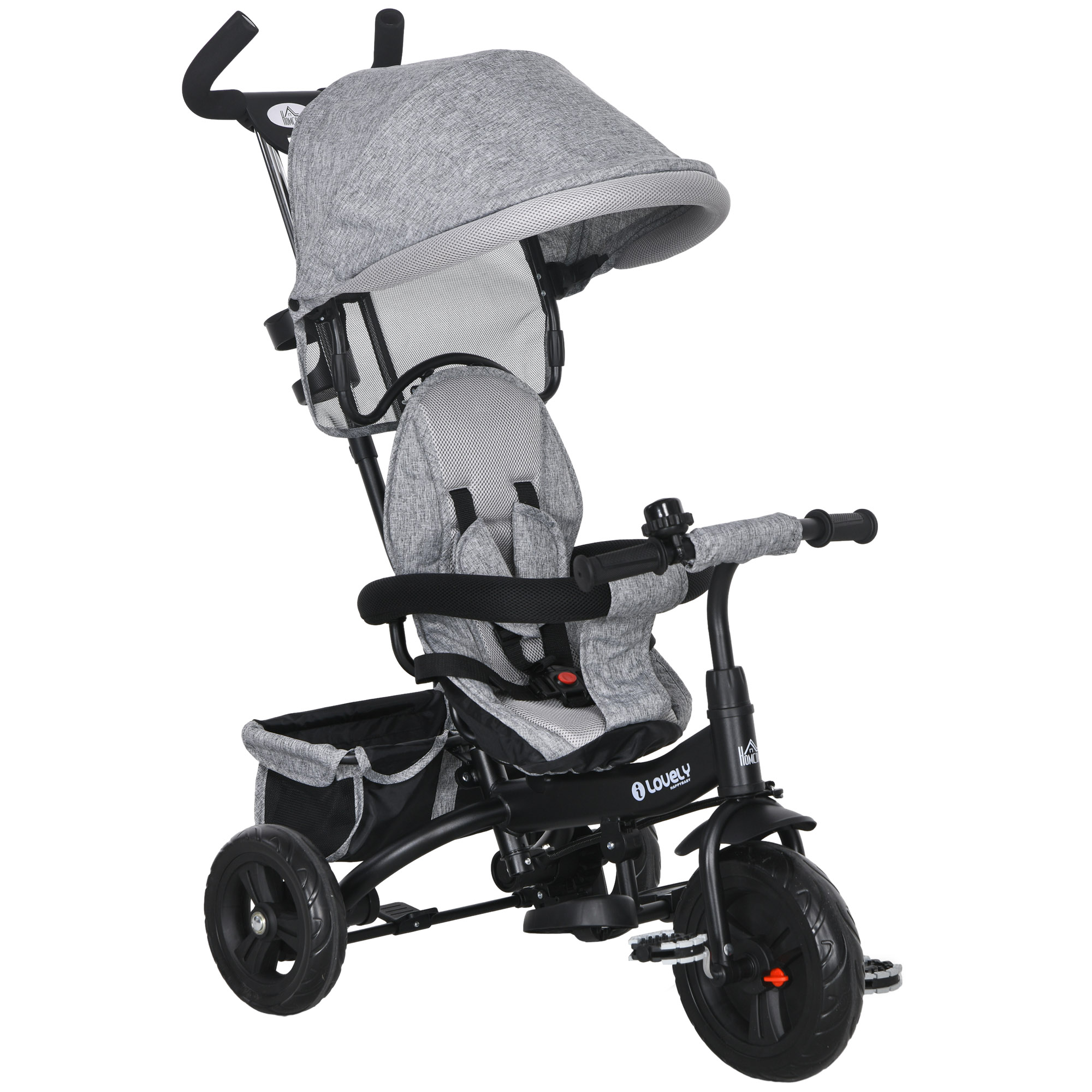 HOMCOM Triciclo Evolutivo para Niños +12 Meses con Toldo Plegable Mango de Empuje Telescópico y Cinturón de Seguridad Gris | Aosom España