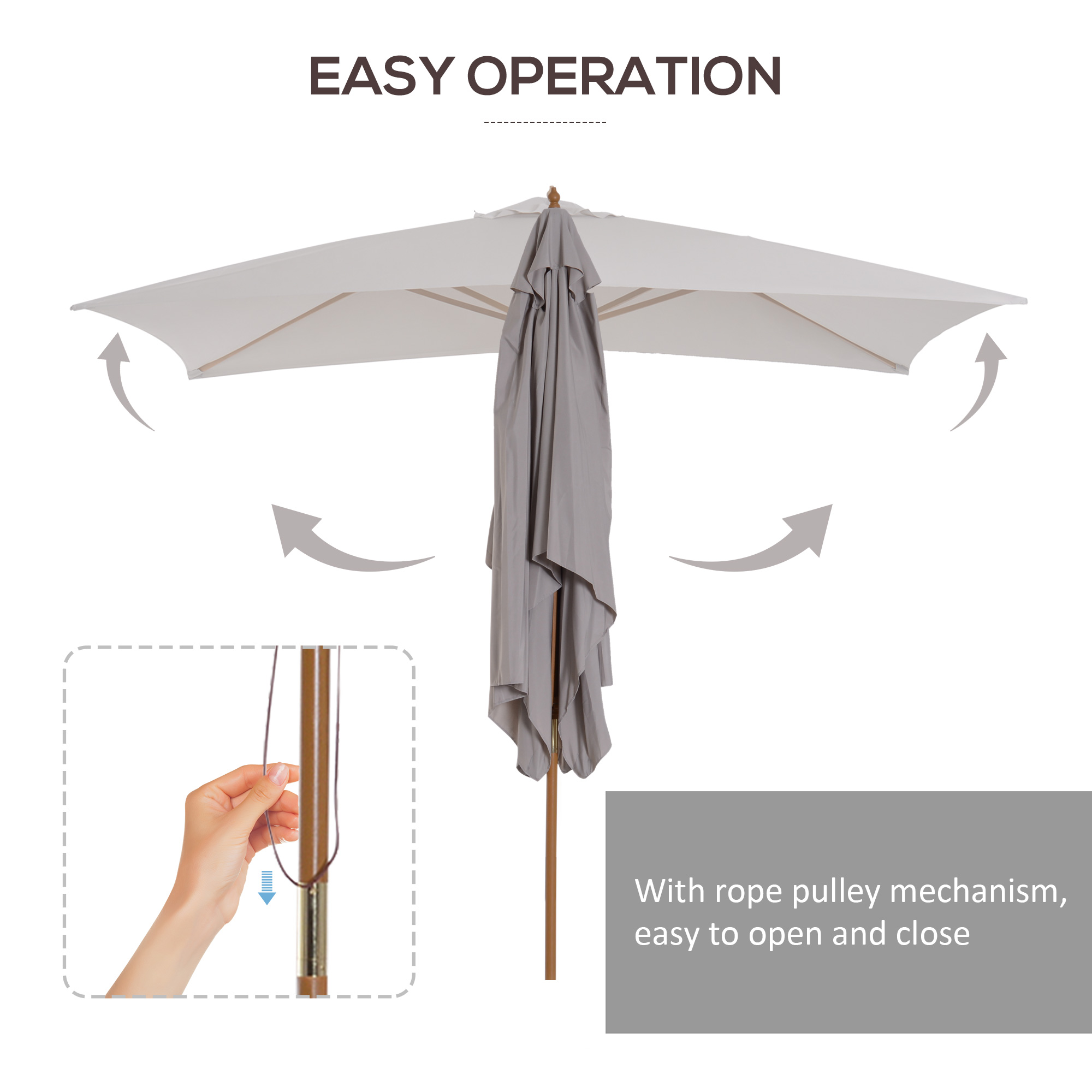 Outsunny 2 x 3m Wooden Garden Parasol Umbrella Outdoor Sun Shade Canopy, Table Market Umbrella with Vent, 38 mm Pole, Rope Pulley Mechanism, Light Grey 4