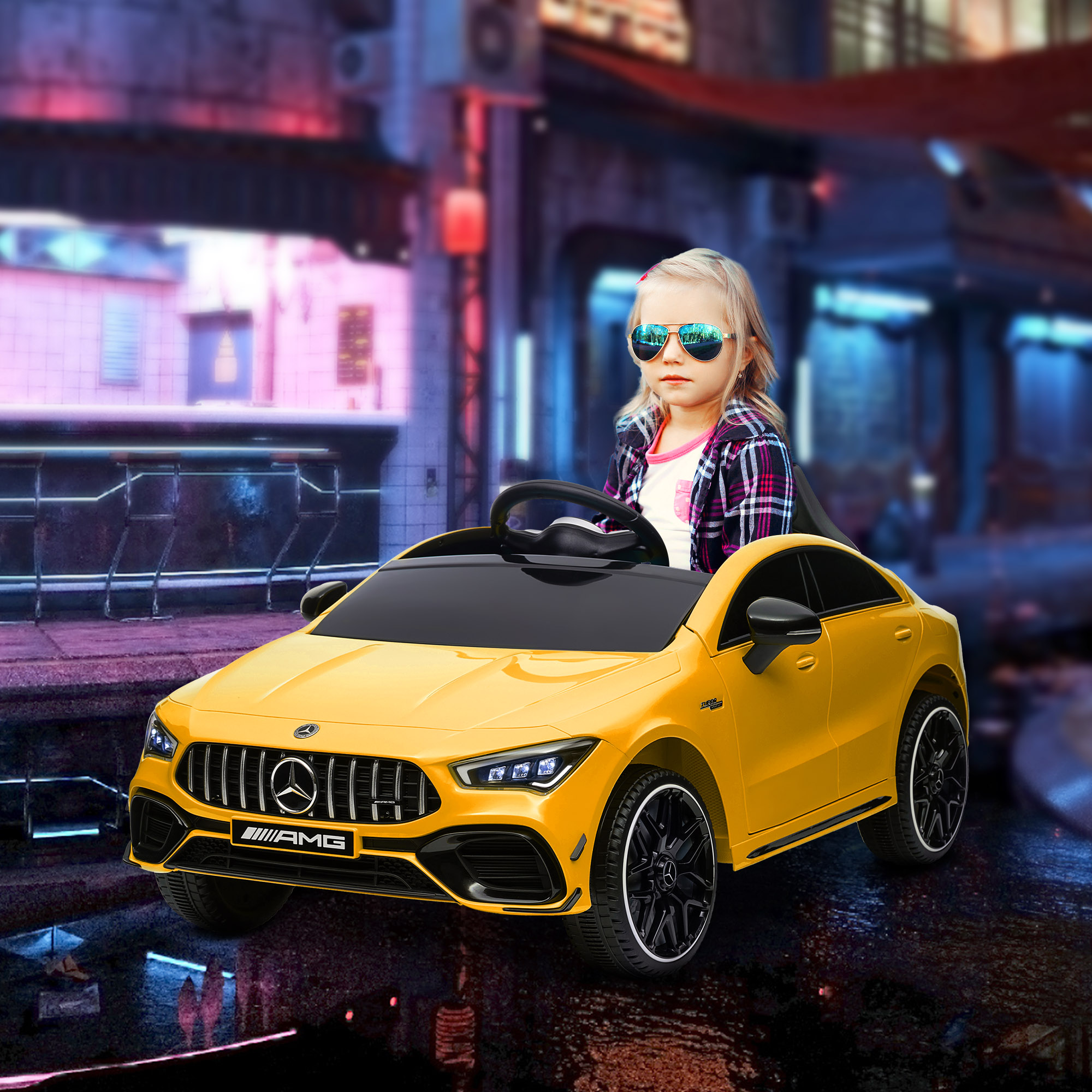 AIYAPLAY Mercedes-Benz AMG CLA 45 Licensed 12V Kids Electric Car Ride on Car w/ Remote, Suspension Lights Music Horn Yellow 2