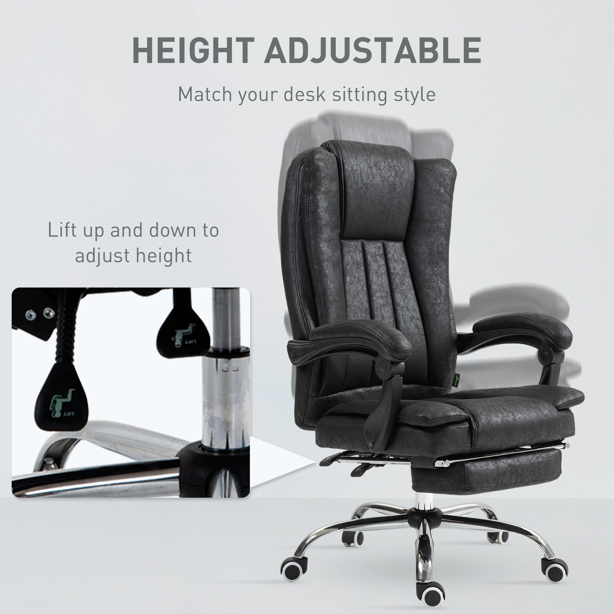 Vinsetto Home Office Chair Microfibre Desk Chair with Reclining Function Armrests Swivel Wheels Footrest Black 4