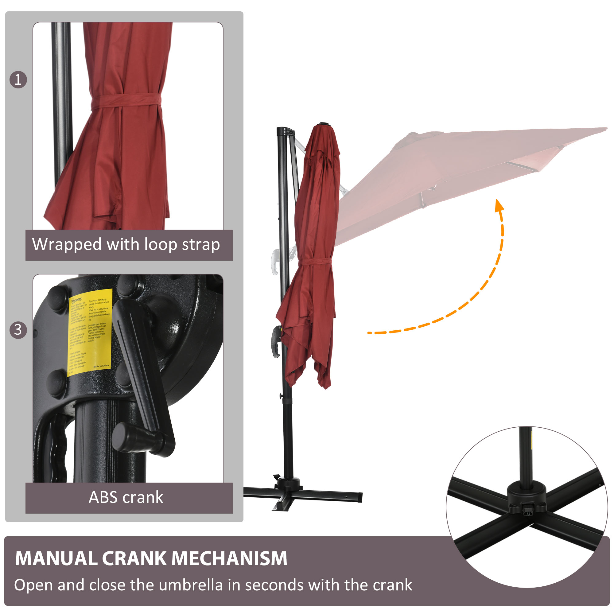 Outsunny 2.5 x 2.5m Patio Offset Parasol Umbrella Cantilever Hanging Aluminium Sun Shade Canopy Shelter 360° Rotation with Crank Handle and Cross Base, Wine Red 6