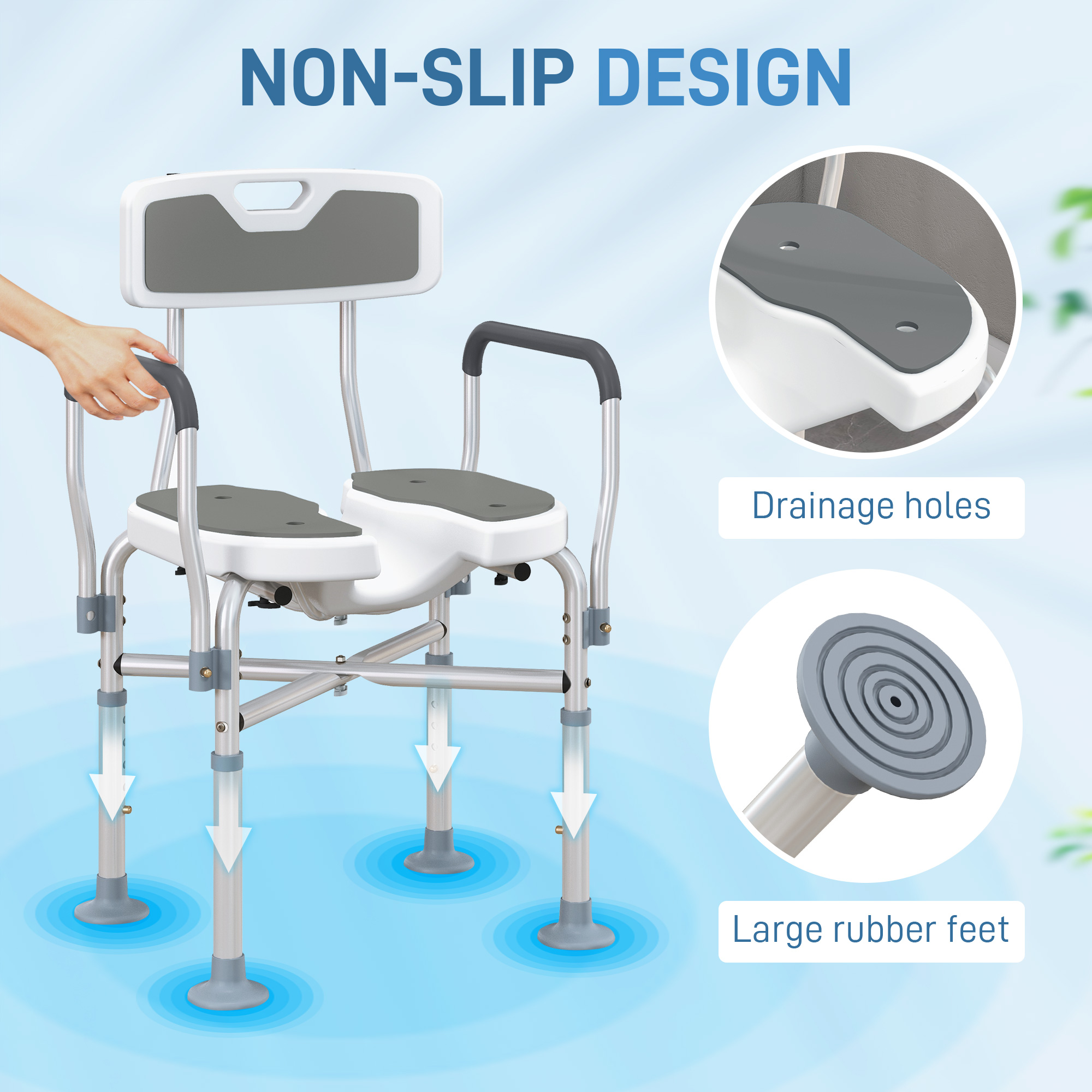 HOMCOM Shower Chair with Hygiene Cut-Out Seat and Reinforced Crossbars, Height Adjustable Padded Bath Chair with Non-slip Feet for Elderly Seniors Disabled Handicap, Tool-Free Assembly, Grey 7