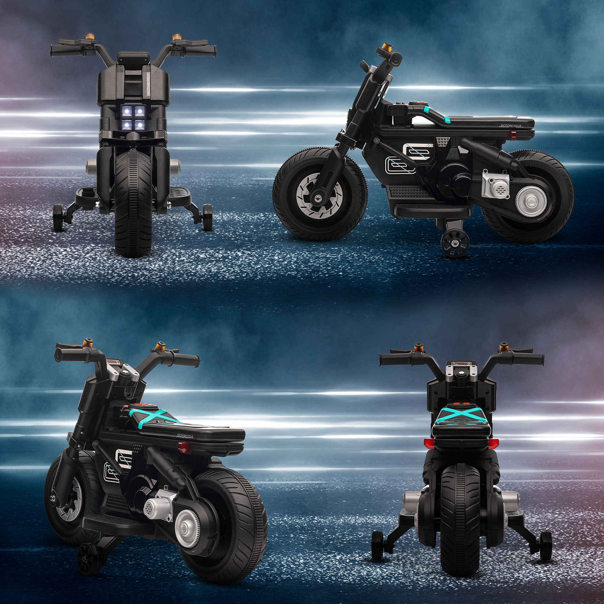 HOMCOM Kids Electric Motorbike with Siren, Horn, Headlights, Music, Training Wheels, for Ages 3-5 Years Black 8