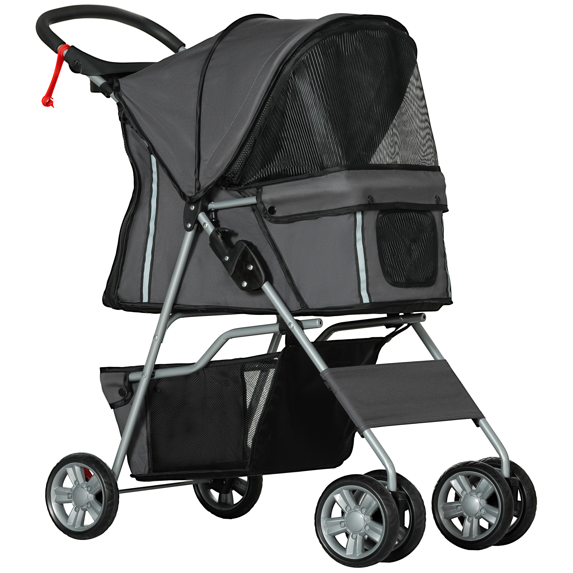 PawHut Carrito para Perros Pequeños con Toldo Ajustable Cesta de Almacenaje Portavasos y Ruedas 75x45x97 cm Azul Oscuro