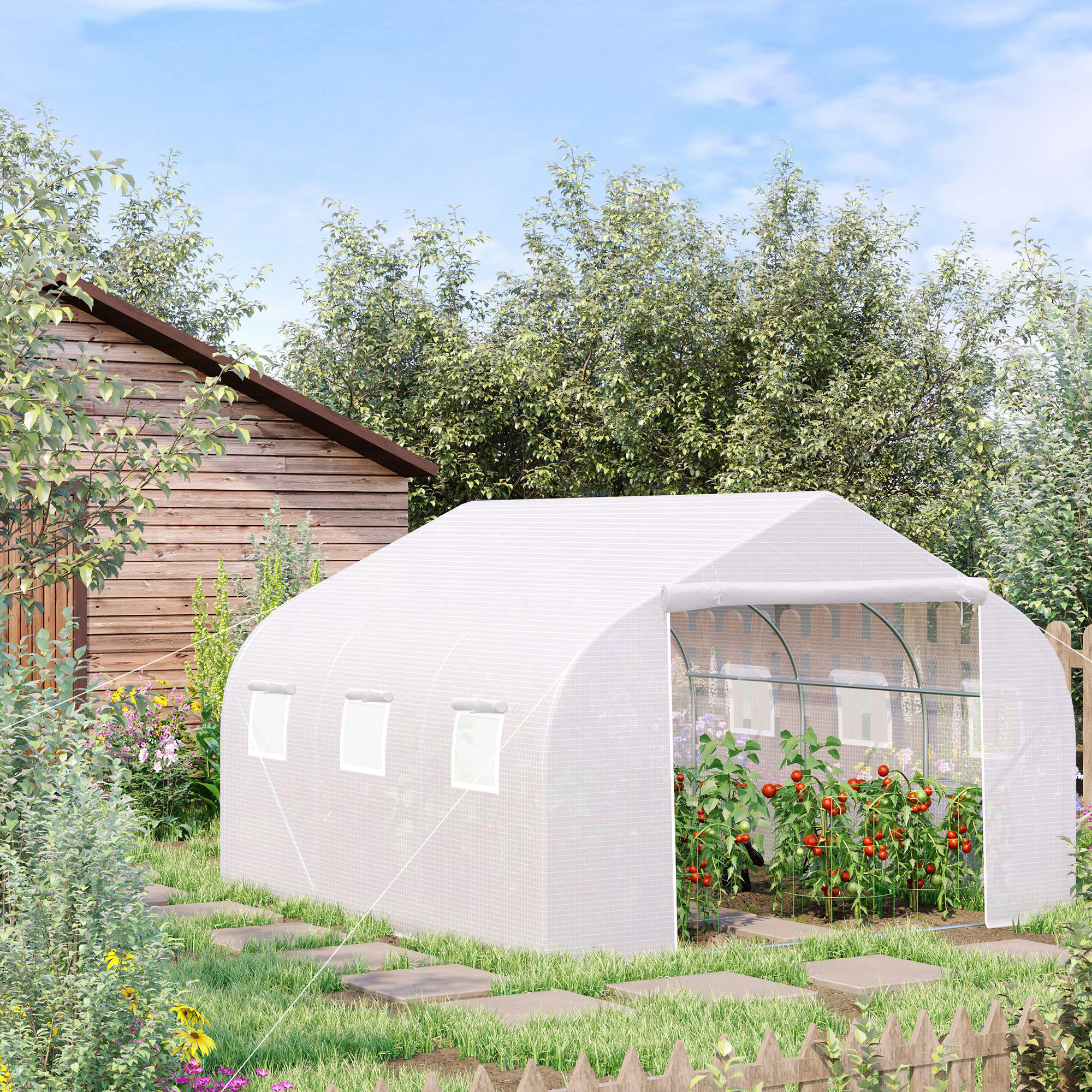 Outsunny Walk-In Polytunnel Greenhouse Warm House Garden Tunnel Shelter Plant Shed with Door and Windows, Galvanised Steel Frame, 4.5 x 3 x 2m, White 2