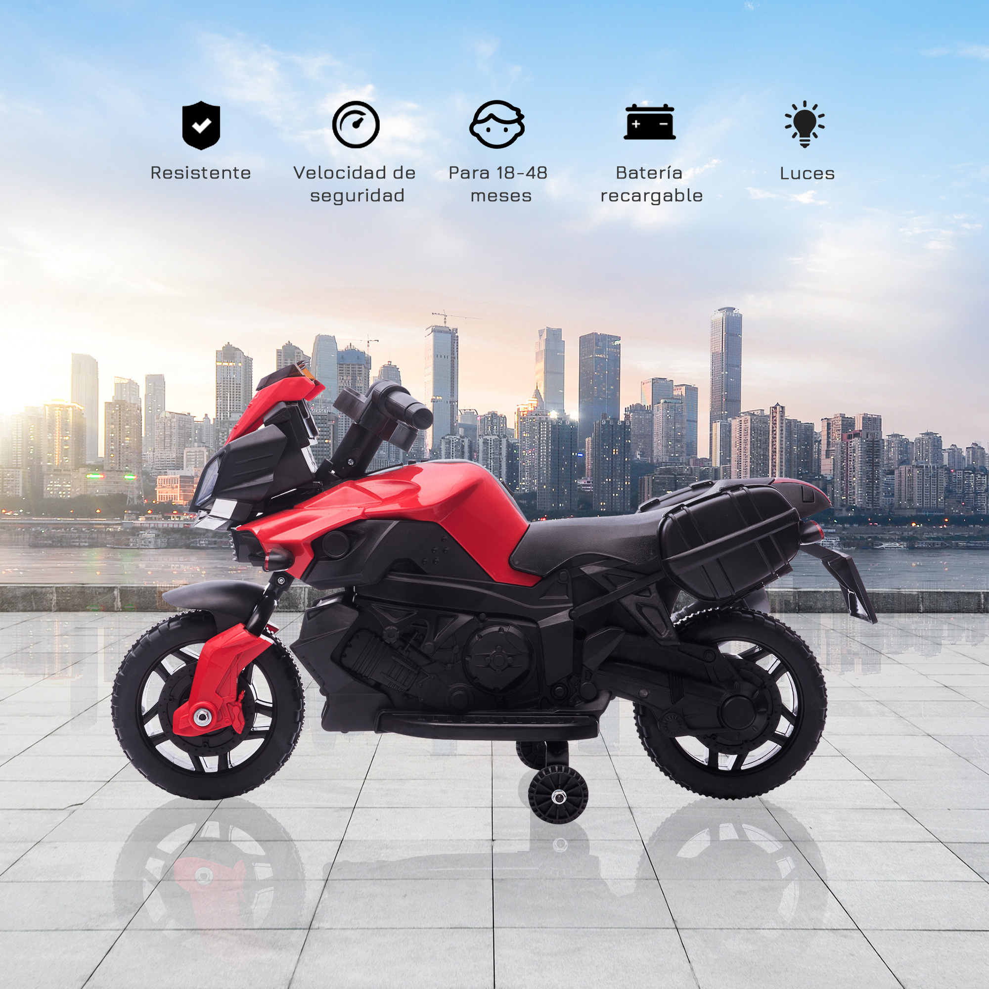 HOMCOM Moto Eléctrica Para Niños De 18 A 48 Meses, Batería 6V, Faros, Bocina, 2 Ruedas De Equilibrio, Velocidad 3 Km/h, Carga Máxima 25 Kg, Dimensiones 88,5x42,5x49 Cm, Color Blanco