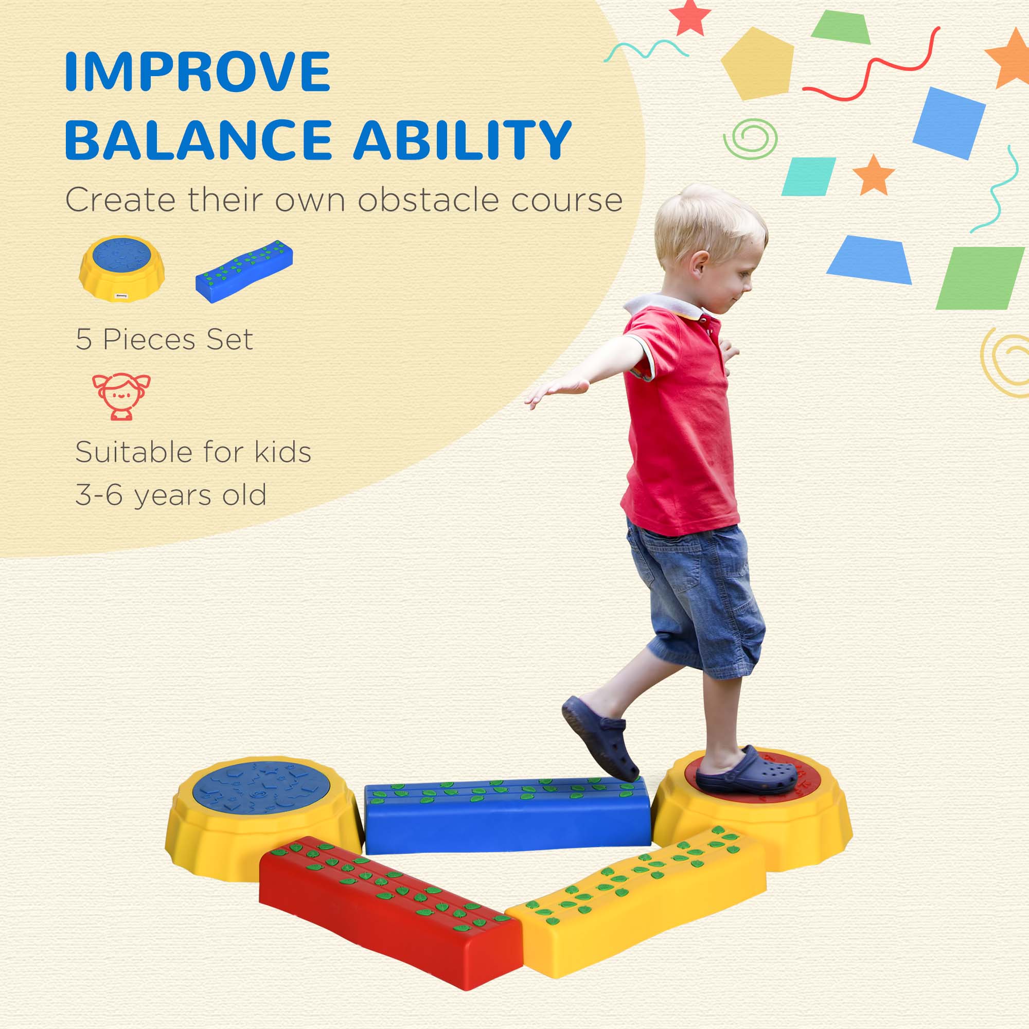 Outsunny Five-Piece Kids Stepping Stones and Balance Bridge w/ Non-Slip Surface & Bottom. for Toddlers Multicoloured 5