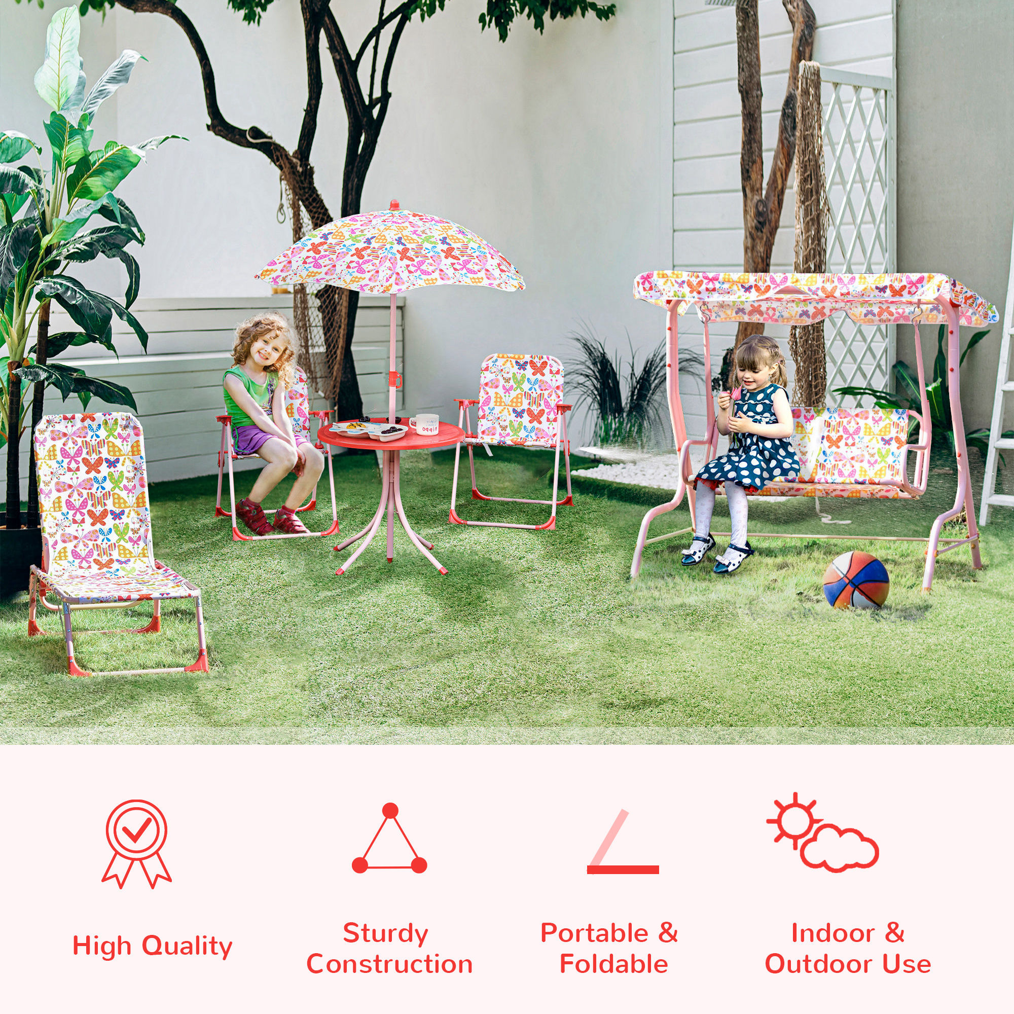 Outsunny Kids Outdoor Bistro Table and Chair Set Butterfly Pattern Garden Patio Backyard with Removable & Height Adjustable Parasol 4