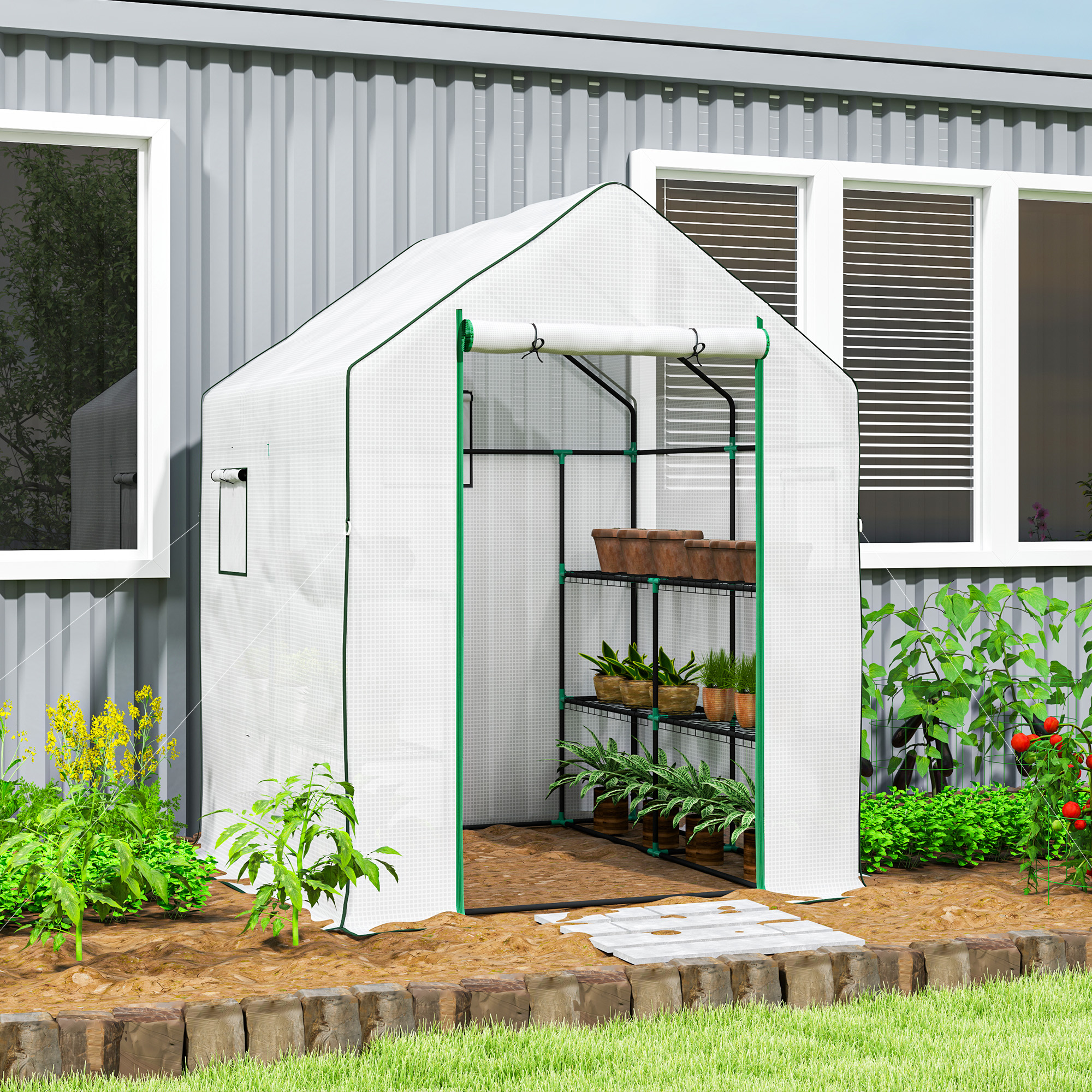 Outsunny 143 x 140cm Walk-In Greenhouse, with Accessories White 2