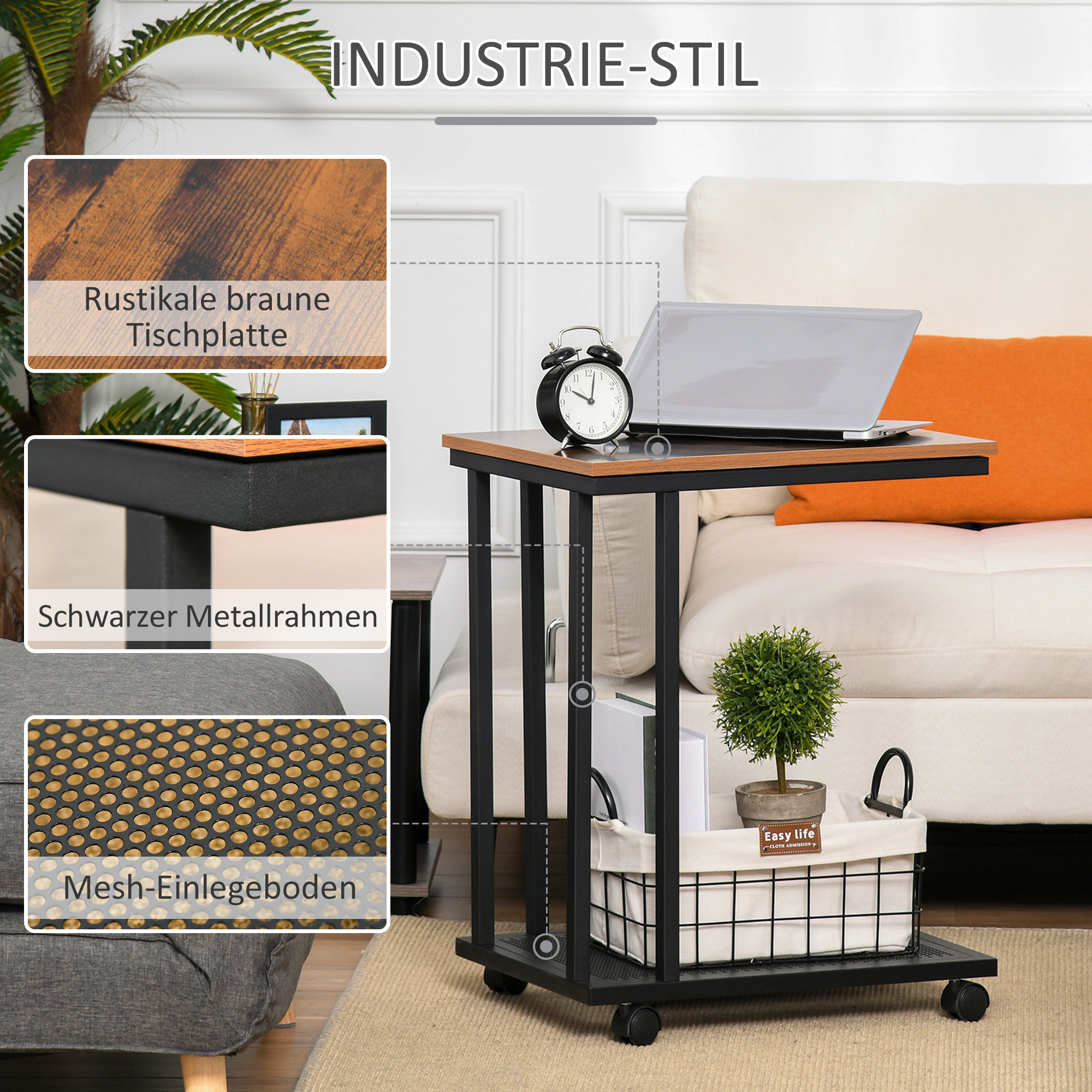 C-kujuline abilaud, ratastel käru, serveerimiskäru, sülearvutilaud, diivanilaud, abilaud, öökapp, metallraamiga voodilaud, tööstusdisain, öökapp, must + pähklipuu imitatsioon, 51 x 3
