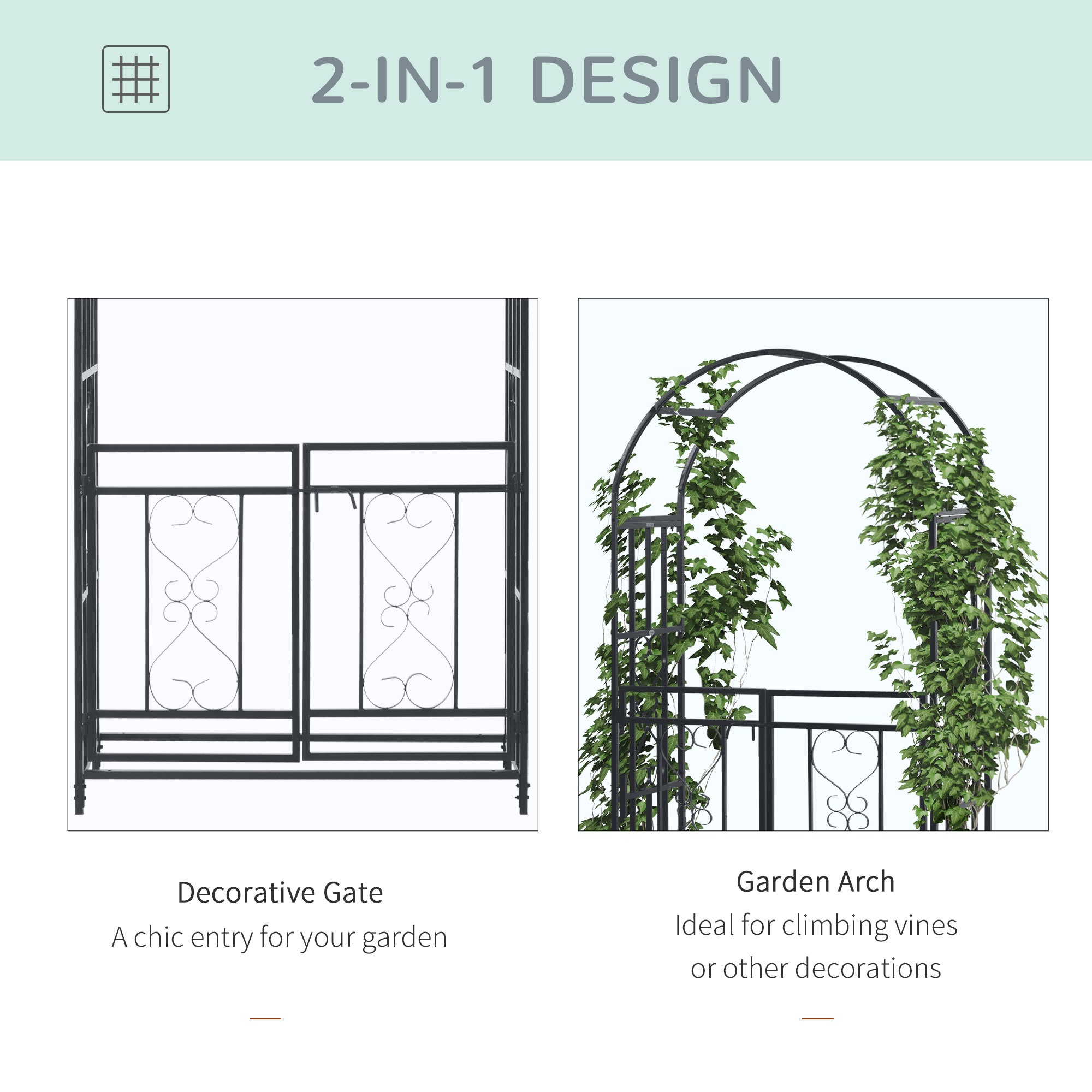 Outsunny Outdoor Garden Arch with Double Gates, Metal Garden Arbor for Climbing Plants, Roses, Vines, Wedding Arch for Outdoor, 114L x 50W x 206H cm, Dark Grey 4