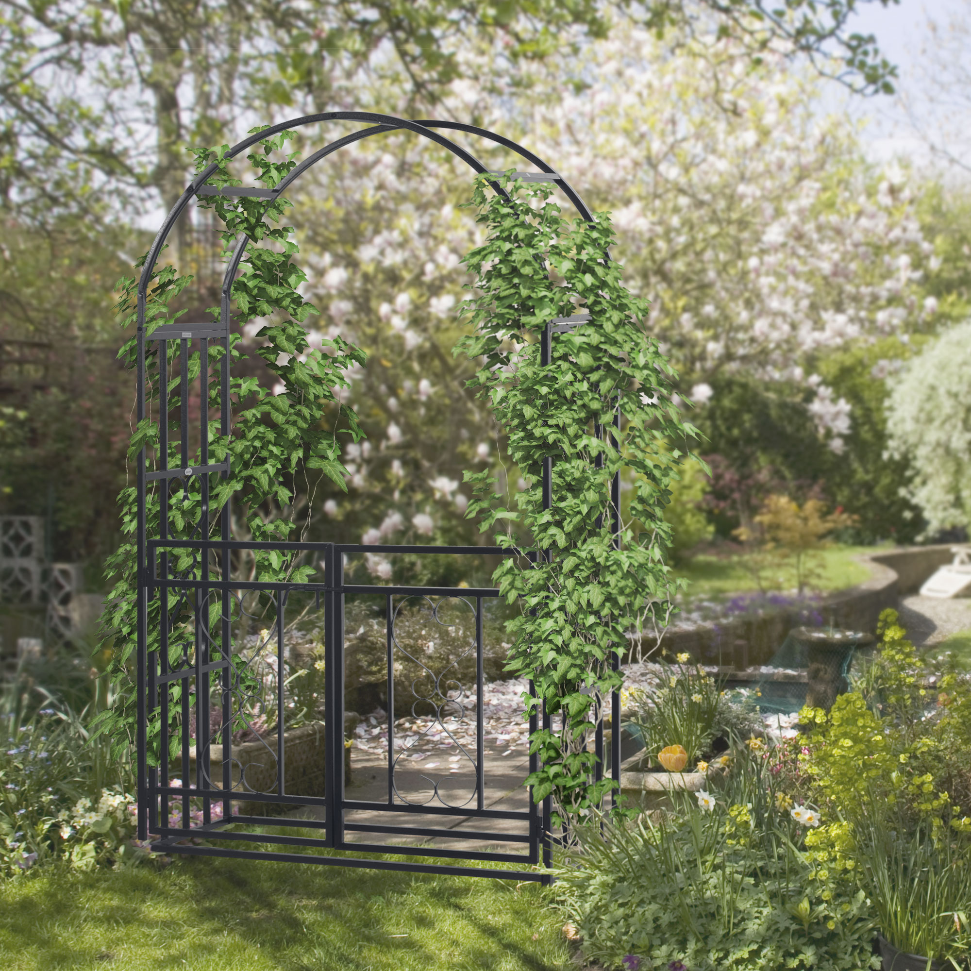 Outsunny Outdoor Garden Arch with Double Gates, Metal Garden Arbor for Climbing Plants, Roses, Vines, Wedding Arch for Outdoor, 114L x 50W x 206H cm, Dark Grey 2