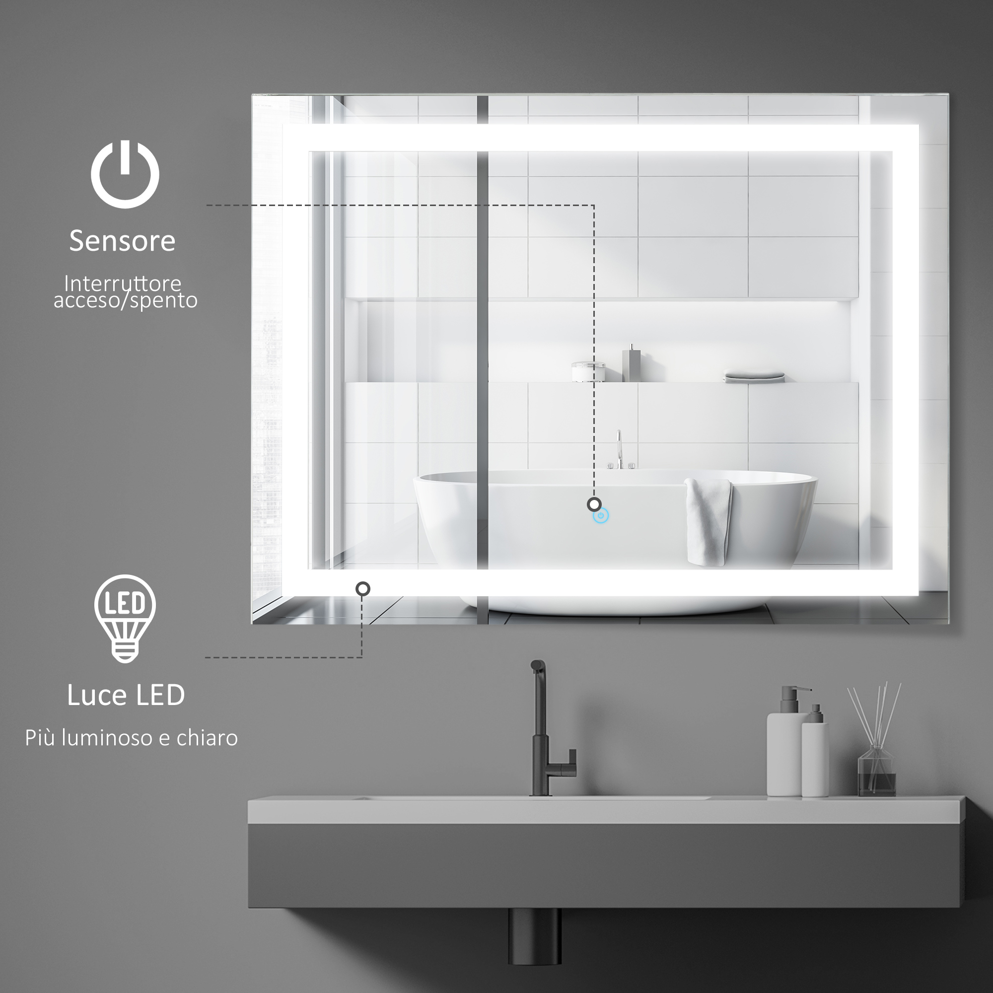 OCEAN Specchio da bagno 70 x 50 cm, dimmerabile, interruttore touch, Funzione Memoria, antiappannamento, 3 colori | Leroy Merlin