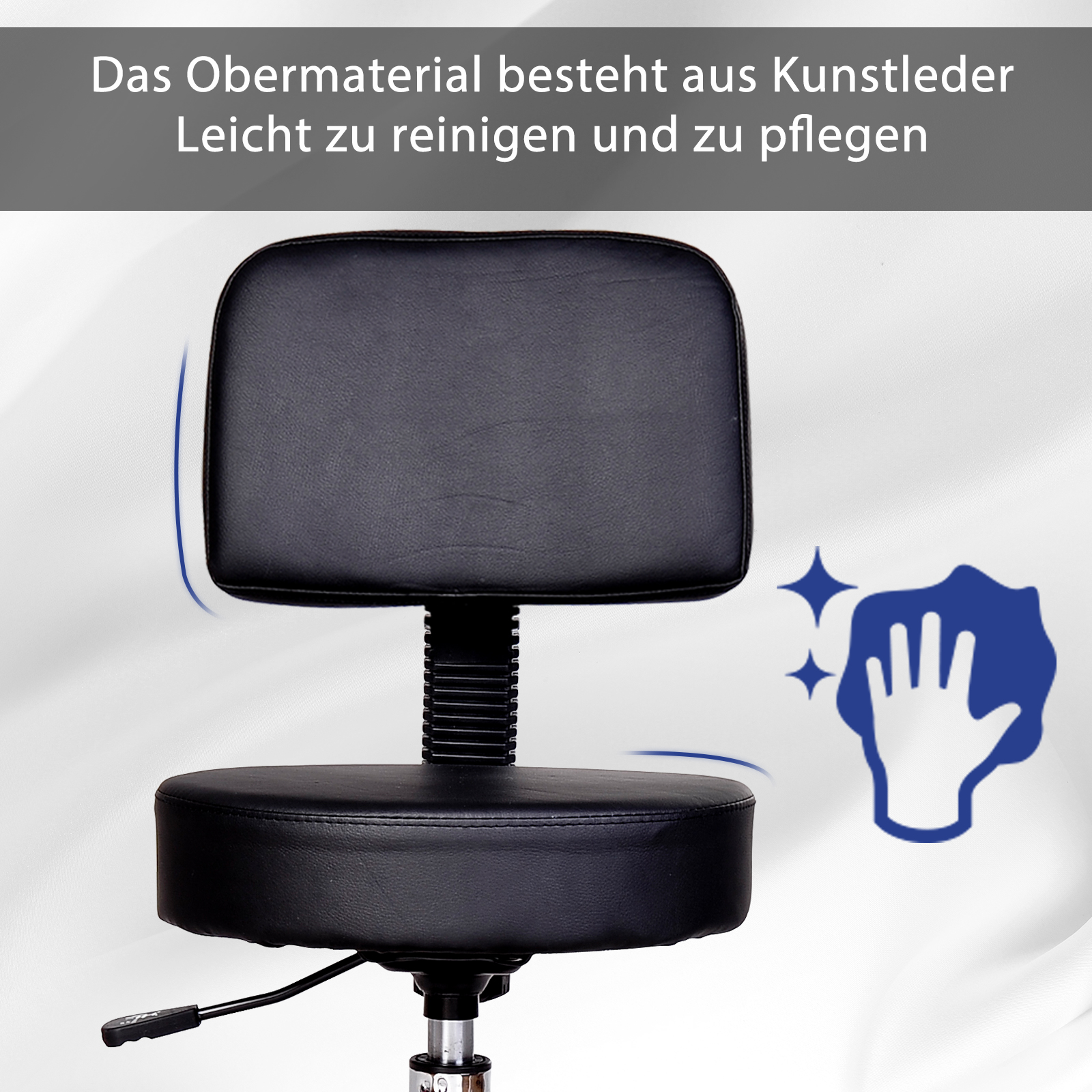 Kõrguse reguleerimisega ratastel tool seljatoega, pöörlev tool 72-84 cm, 360° pööratav töötool, kontoritool kontorisse, salongi, massaaži, spaasse, must