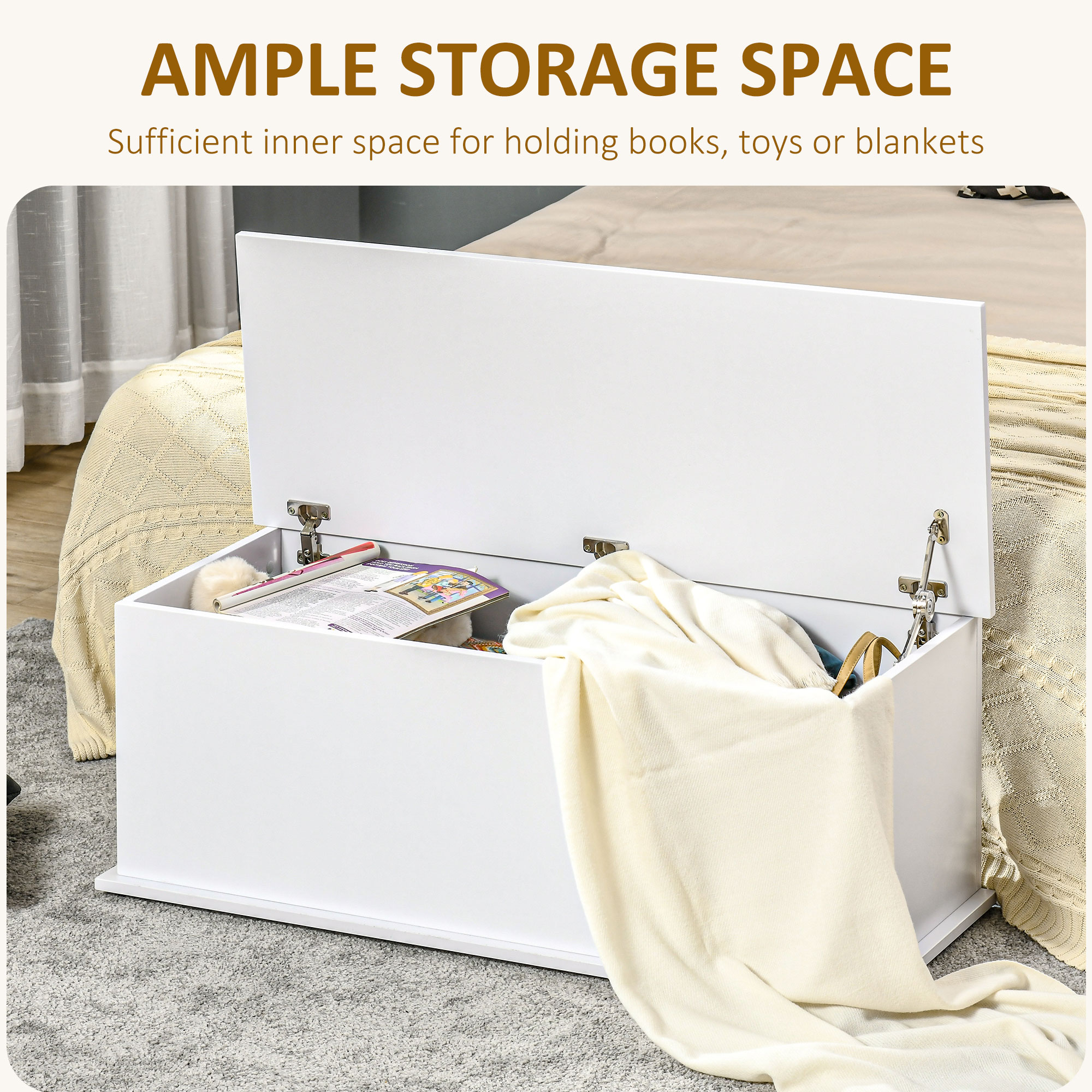 HOMCOM 113L Storage Chest, Storage Box with Flip-Top Lid and 2 Safety Hinges, Storage Trunk for Living Room, Entryway, 100 x 40 x 40 cm, White 4