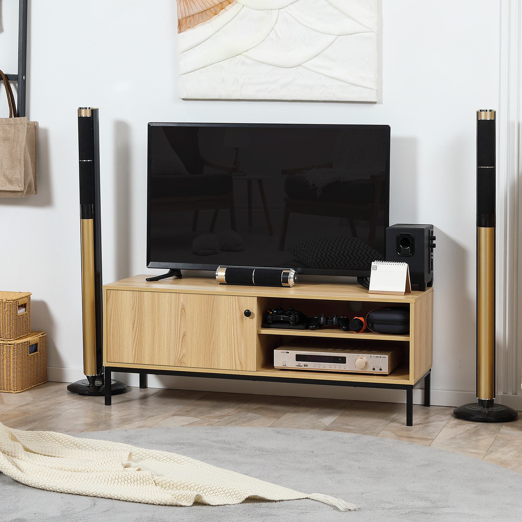 HOMCOM 50" Screen TV Stand, with Sliding Door Storage Wood-Effect 2