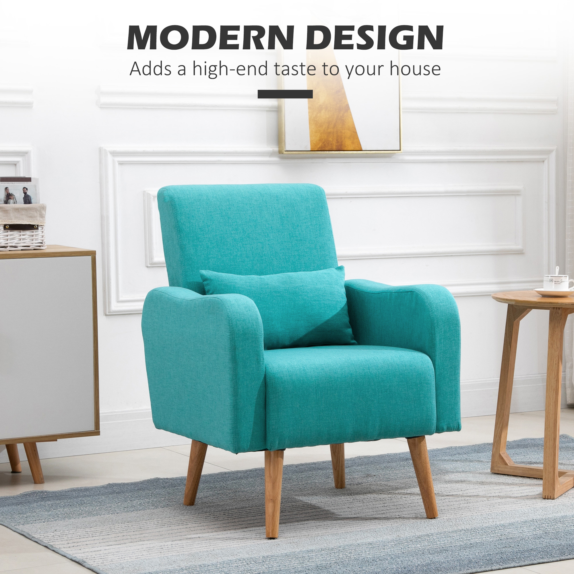 HOMCOM Accent Chair, Linen-Touch Armchair with Pillow, Upholstered Leisure Lounge Sofa for Living Room, Club Chair with Rubber Wooden Frame, Teal 6