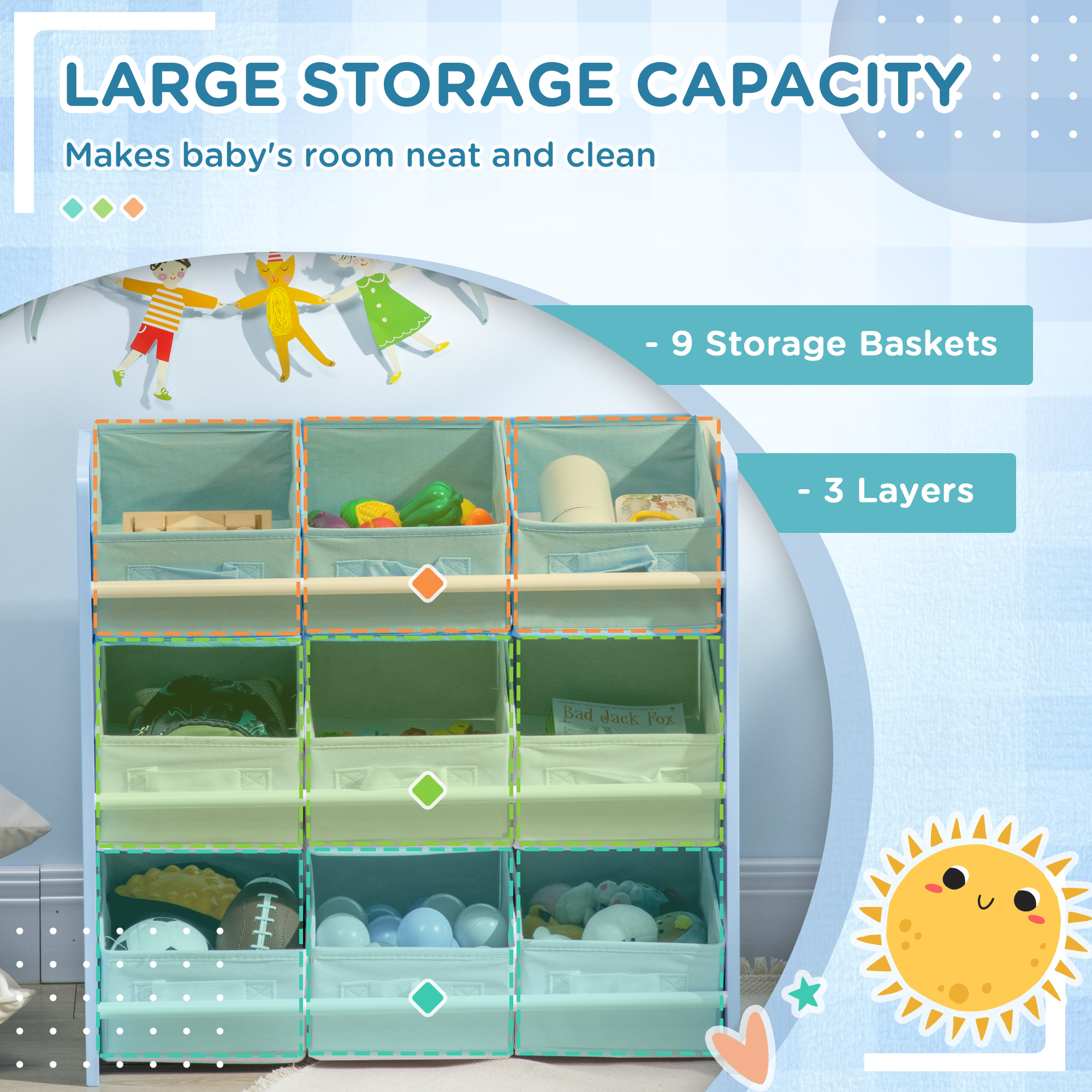 ZONEKIZ Kids Storage Rack, with Nine Removable Baskets, for Nursery, Bedroom, Playroom Blue 4