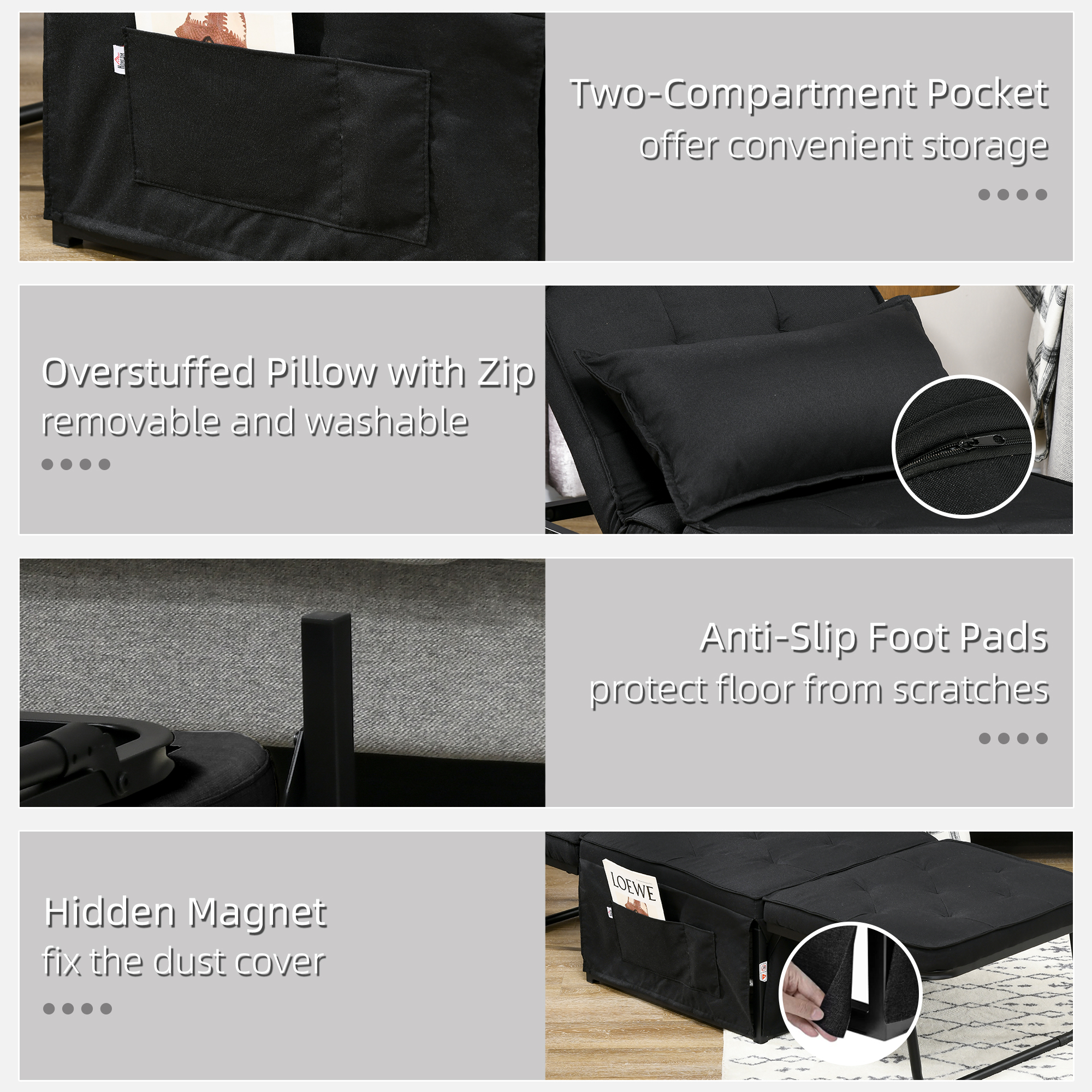 HOMCOM Fabric Sleeper Chair, Folding Chair Bed with Adjustable Backrest, Pillow, Side Pockets for Living Room, Black 7