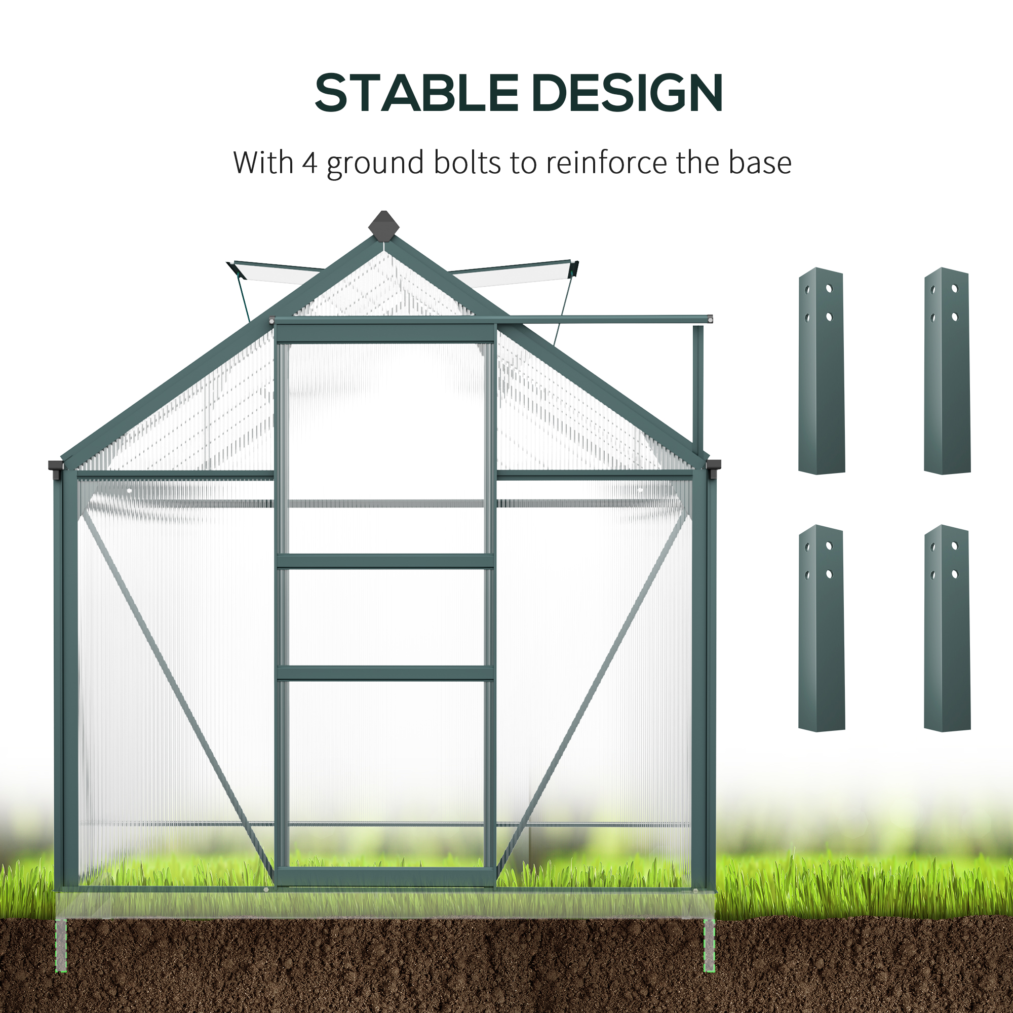 Outsunny 6 x 10ft Polycarbonate Greenhouse, Large Walk-In Green House with Slide Door and Window, Garden Plants Grow House with Aluminium Frame and Foundation, Dark Green 6